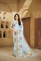 Bubble Gum Blue Beautiful Designer Position Digital Foil Printed Crepe Silk Designer Partywear Saree