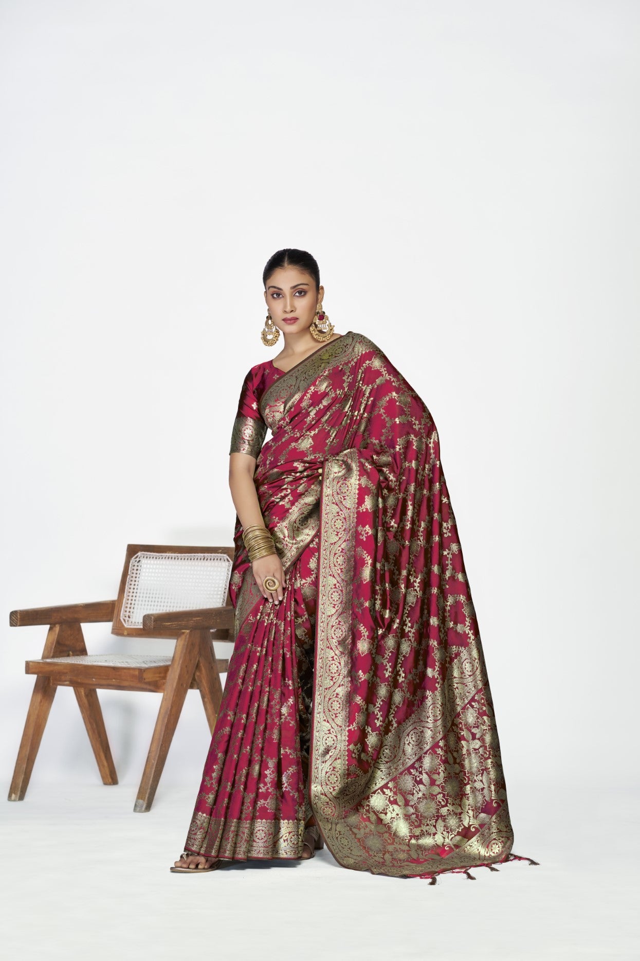 Burgundy Banarasi Silk Saree with Weaving
