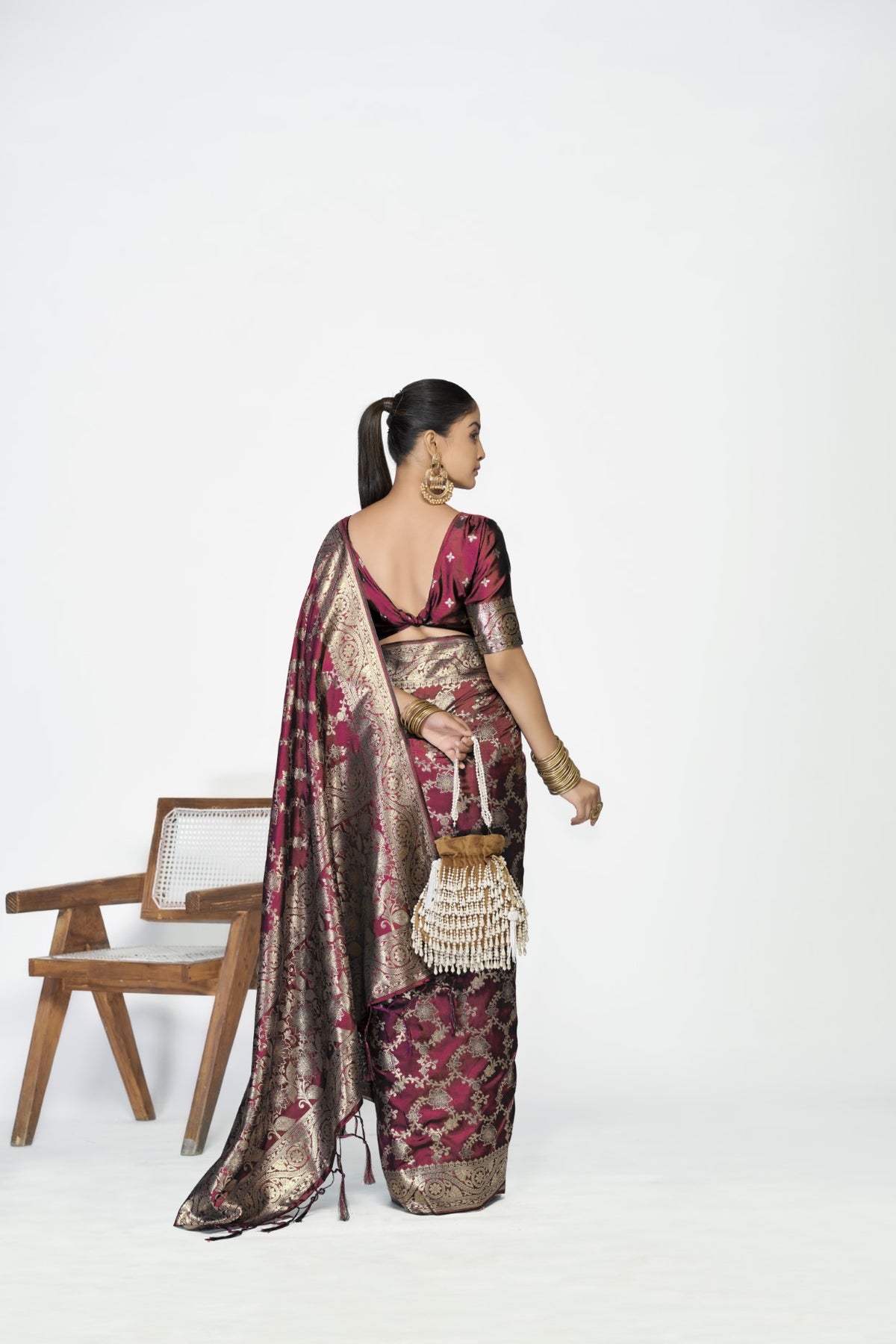 Burgundy Banarasi Silk Saree with Weaving