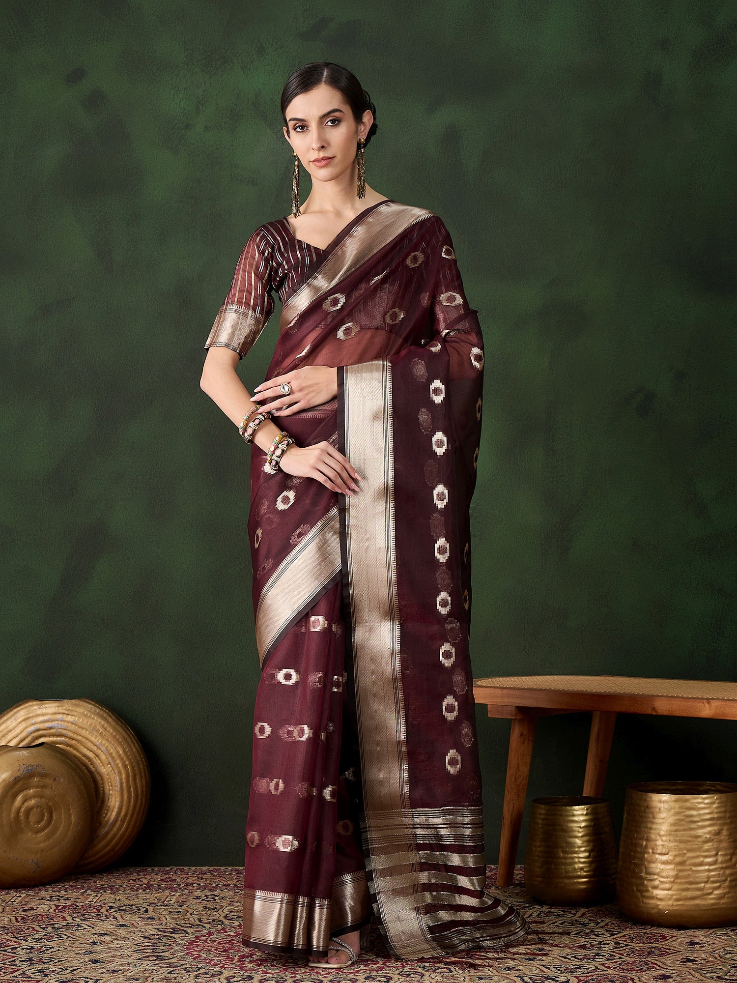 Burgundy Khadi Organza Woven Jacquard Designer Graceful Traditional Saree