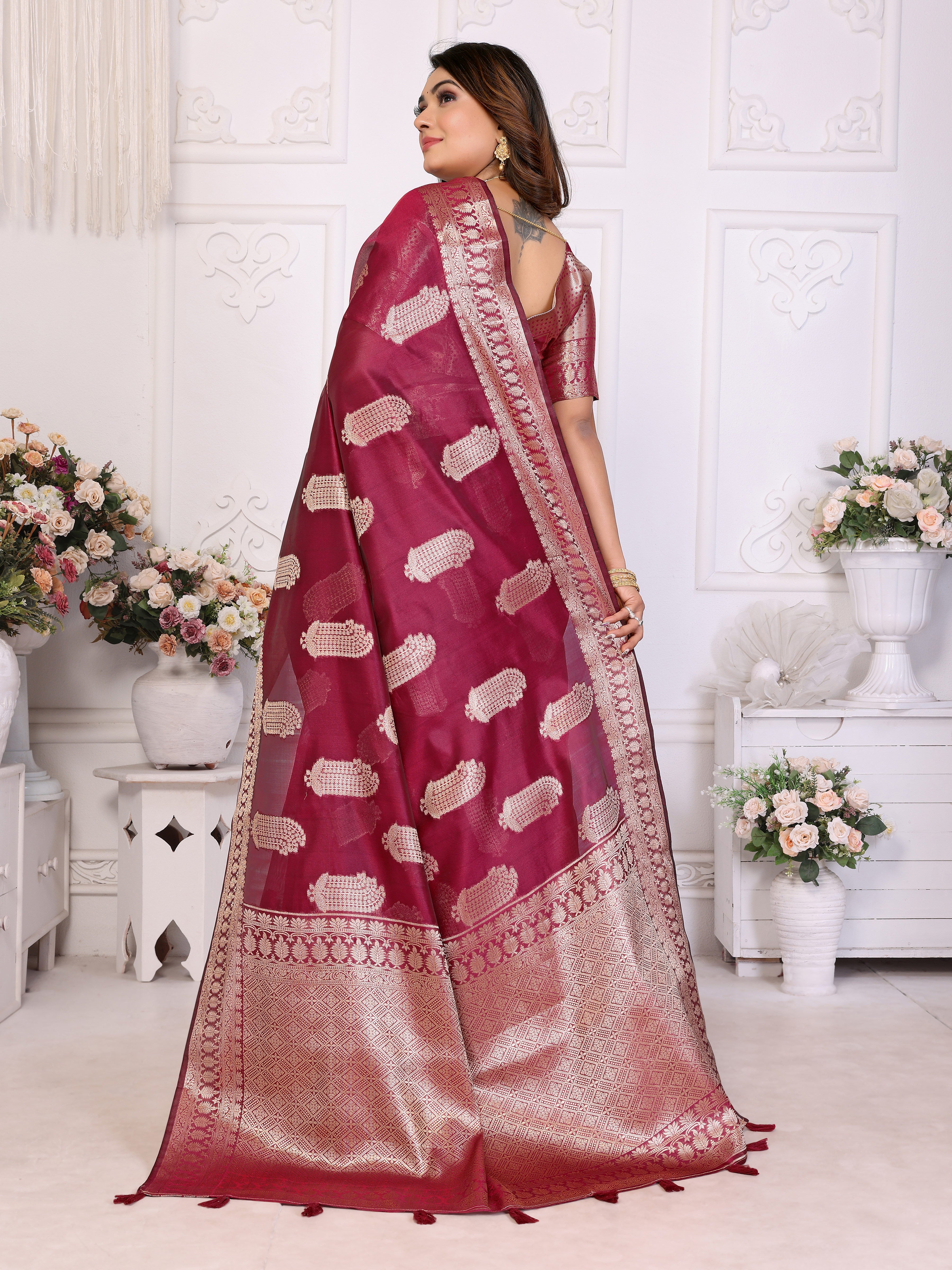 Burgundy Organza Gold Zari Designer Beautiful Festive Saree