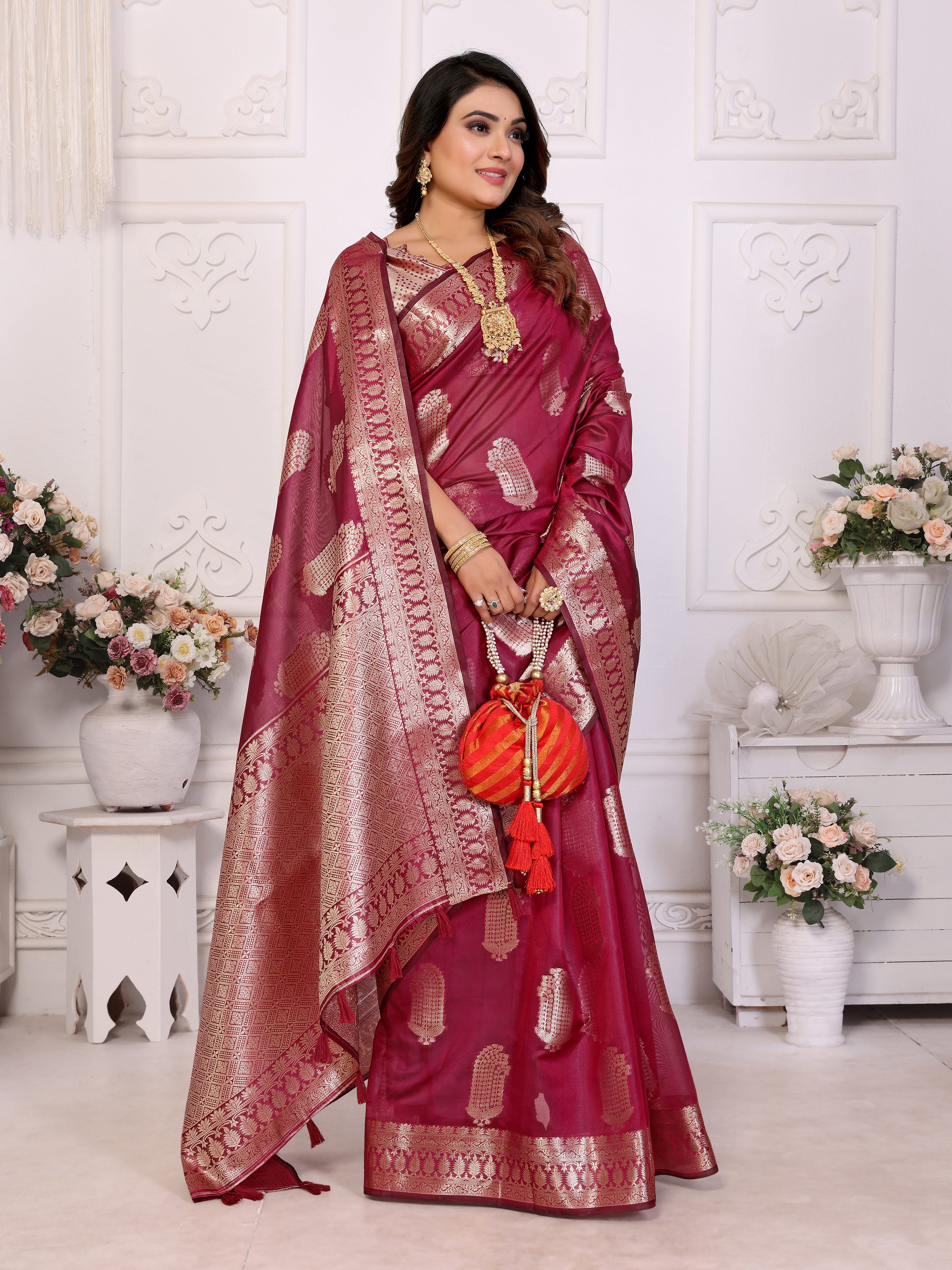 Burgundy Organza Gold Zari Designer Beautiful Festive Saree