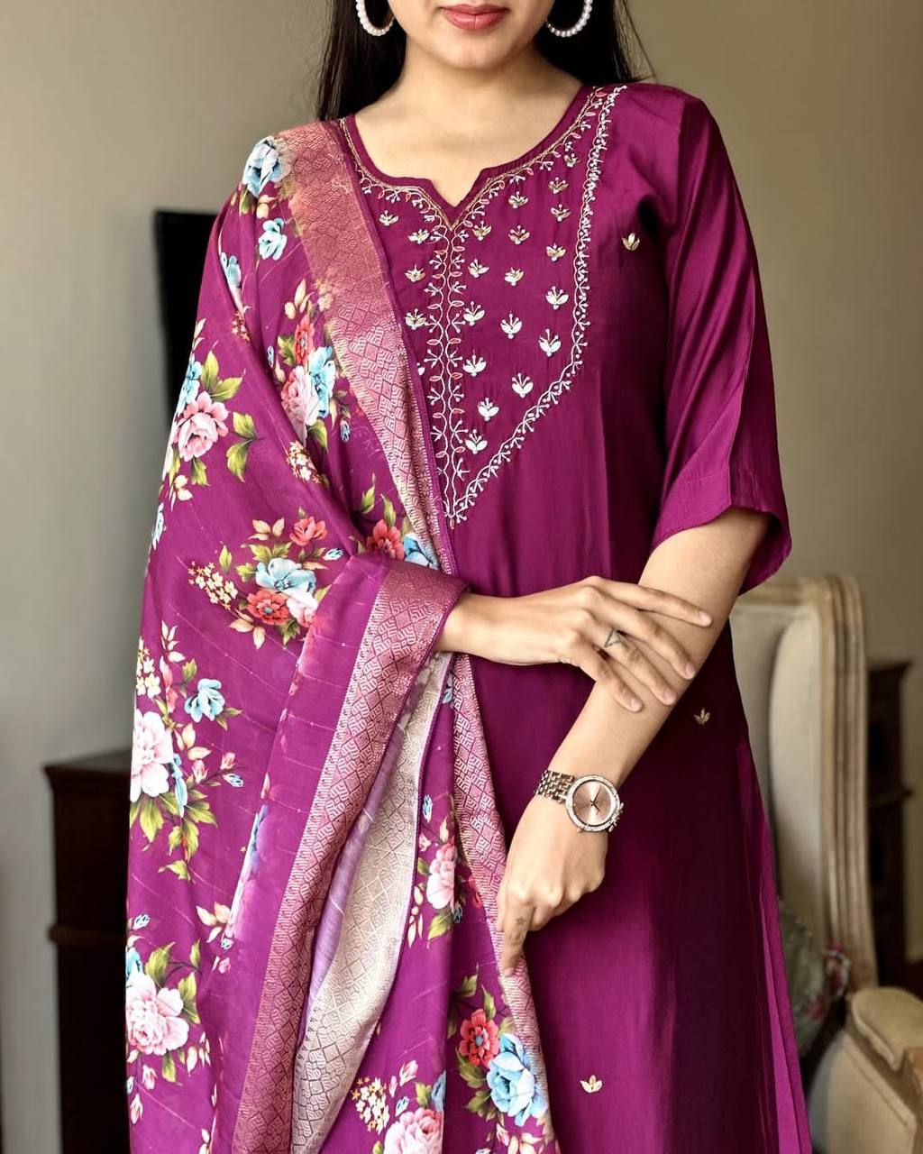 Burgundy Rayon Kurta Pant with Heavy Thread Embroidery Work With Printed Dupatta