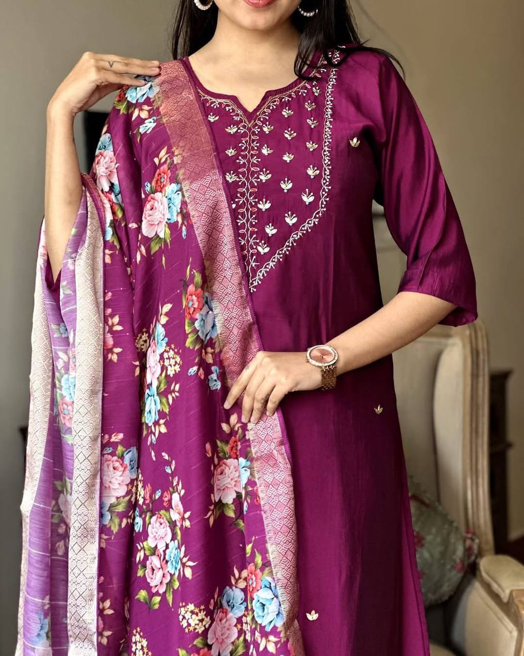 Burgundy Rayon Kurta Pant with Heavy Thread Embroidery Work With Printed Dupatta