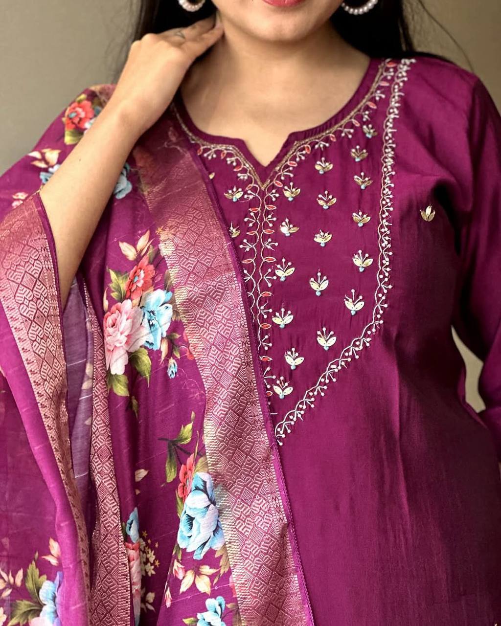Burgundy Rayon Kurta Pant with Heavy Thread Embroidery Work With Printed Dupatta