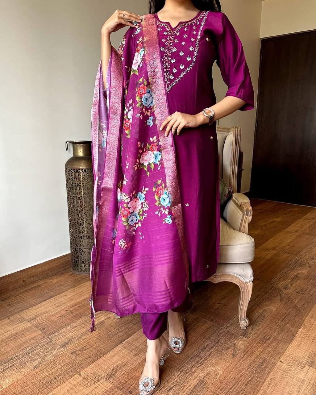 Burgundy Rayon Kurta Pant with Heavy Thread Embroidery Work With Printed Dupatta