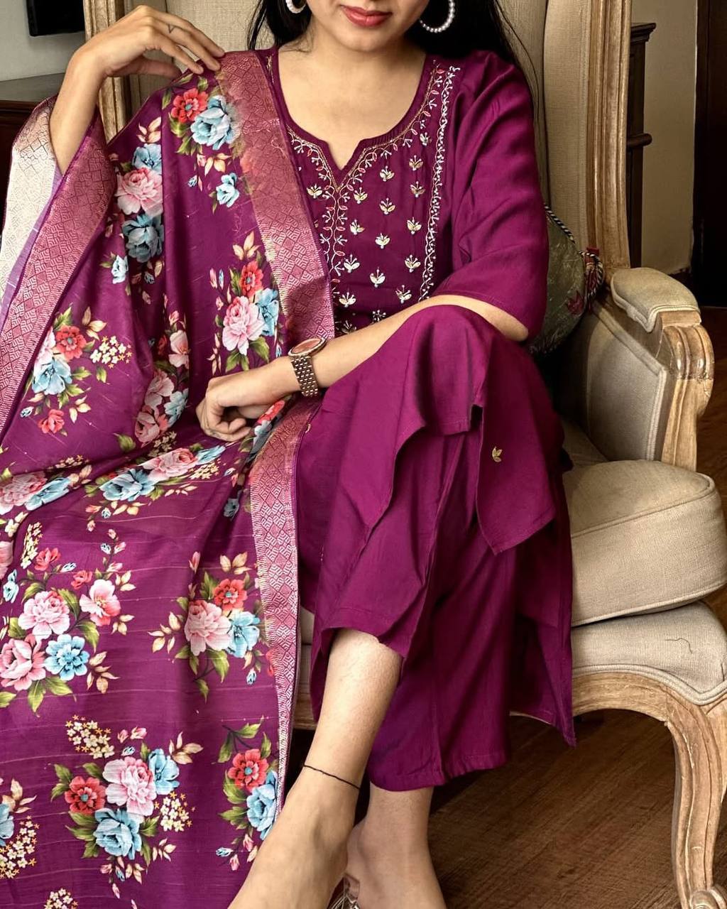 Burgundy Rayon Kurta Pant with Heavy Thread Embroidery Work With Printed Dupatta