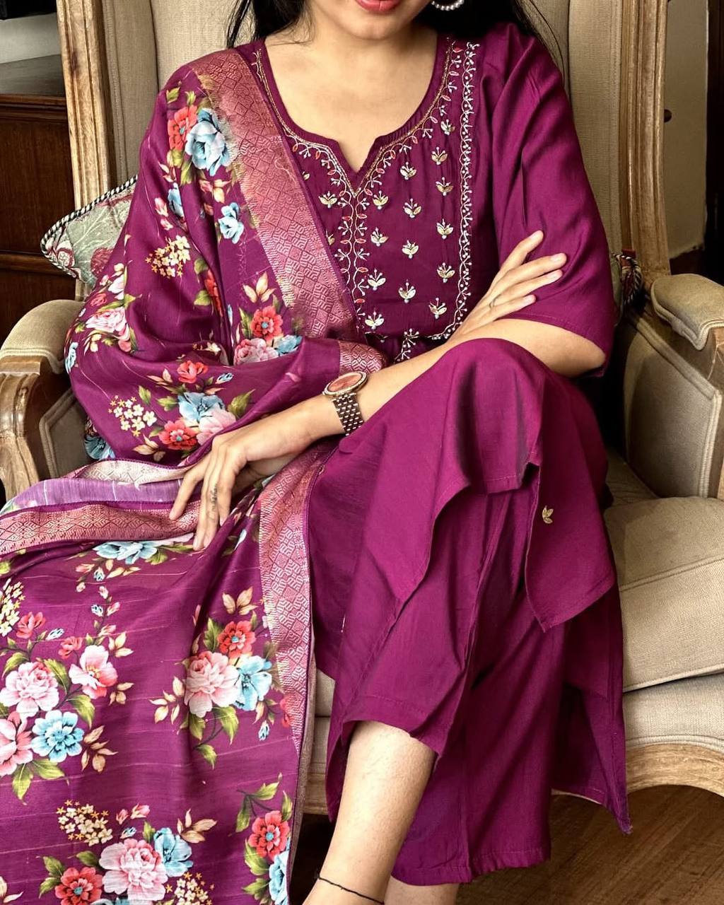 Burgundy Rayon Kurta Pant with Heavy Thread Embroidery Work With Printed Dupatta