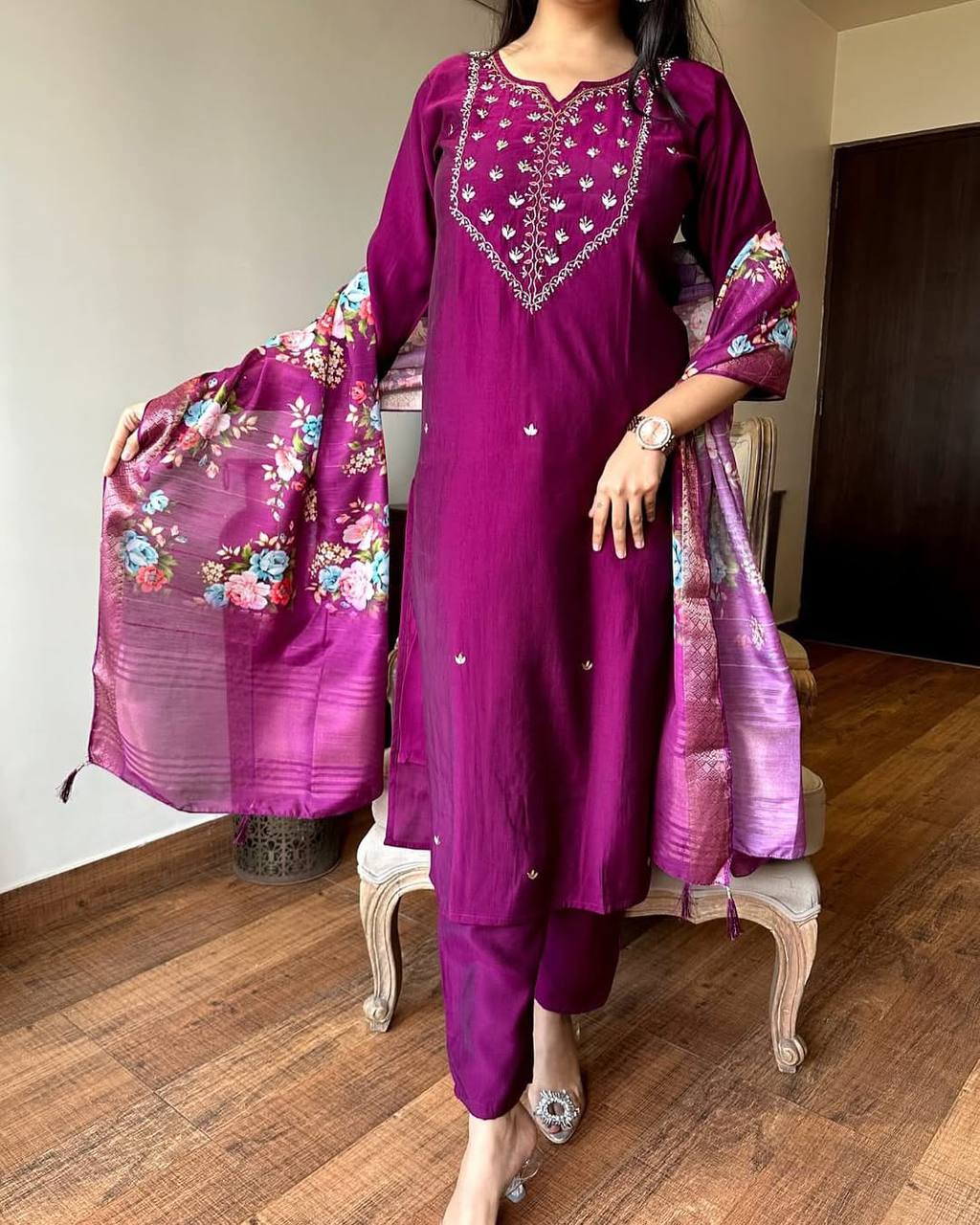 Burgundy Rayon Kurta Pant with Heavy Thread Embroidery Work With Printed Dupatta