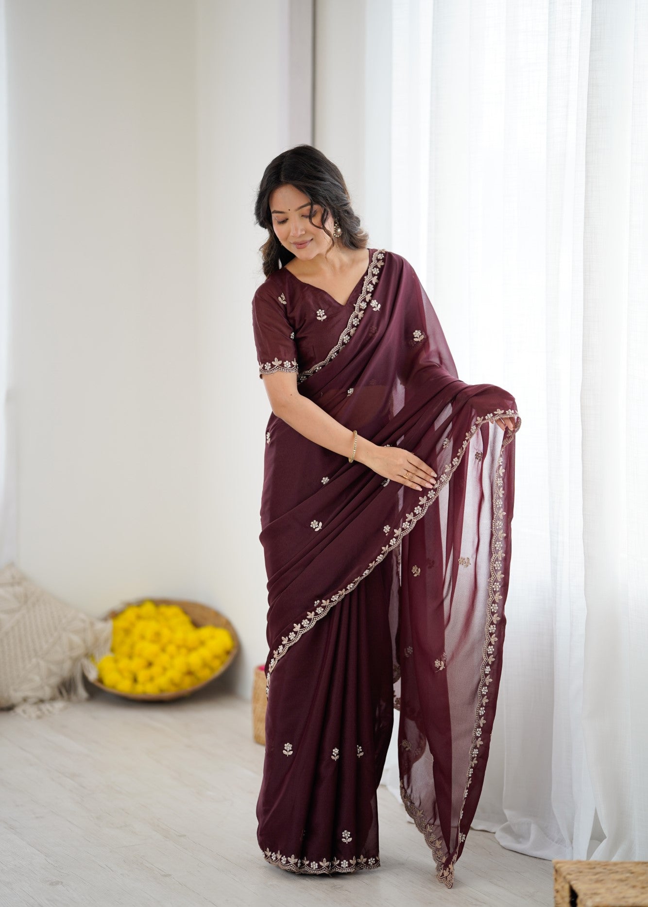 Burgundy Star Georgette Saree With Embroidery And Moti Work With Blouse