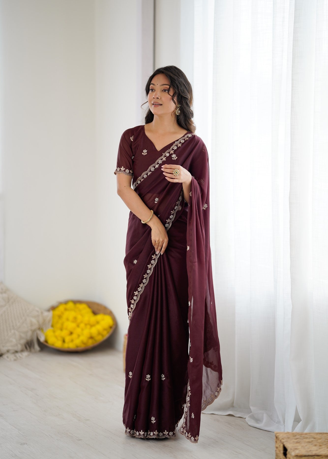 Burgundy Star Georgette Saree With Embroidery And Moti Work With Blouse