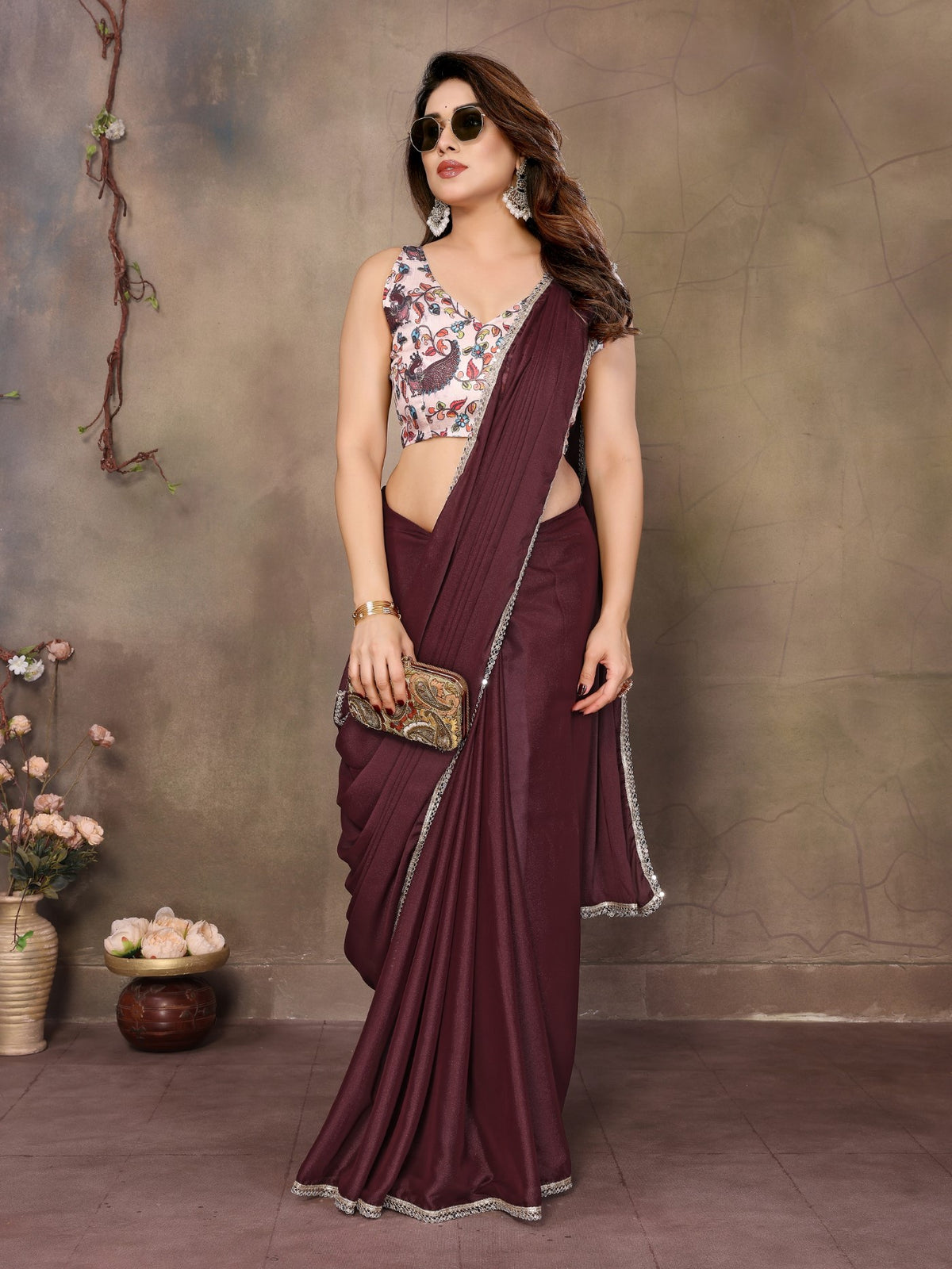 Burgundy Star Georgette Saree With Mirror Border Design