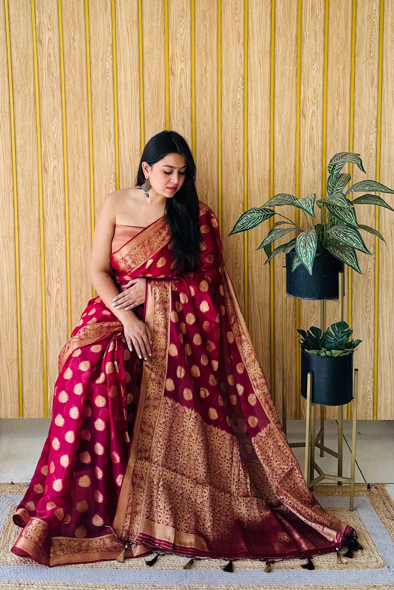 Burgundy Woven Jari Designer Gimichu Silk Partywear Saree