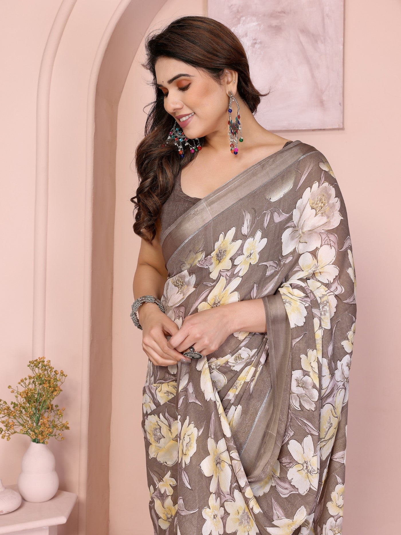 Camel Bright Moss Satin Patta Saree With Printed Design