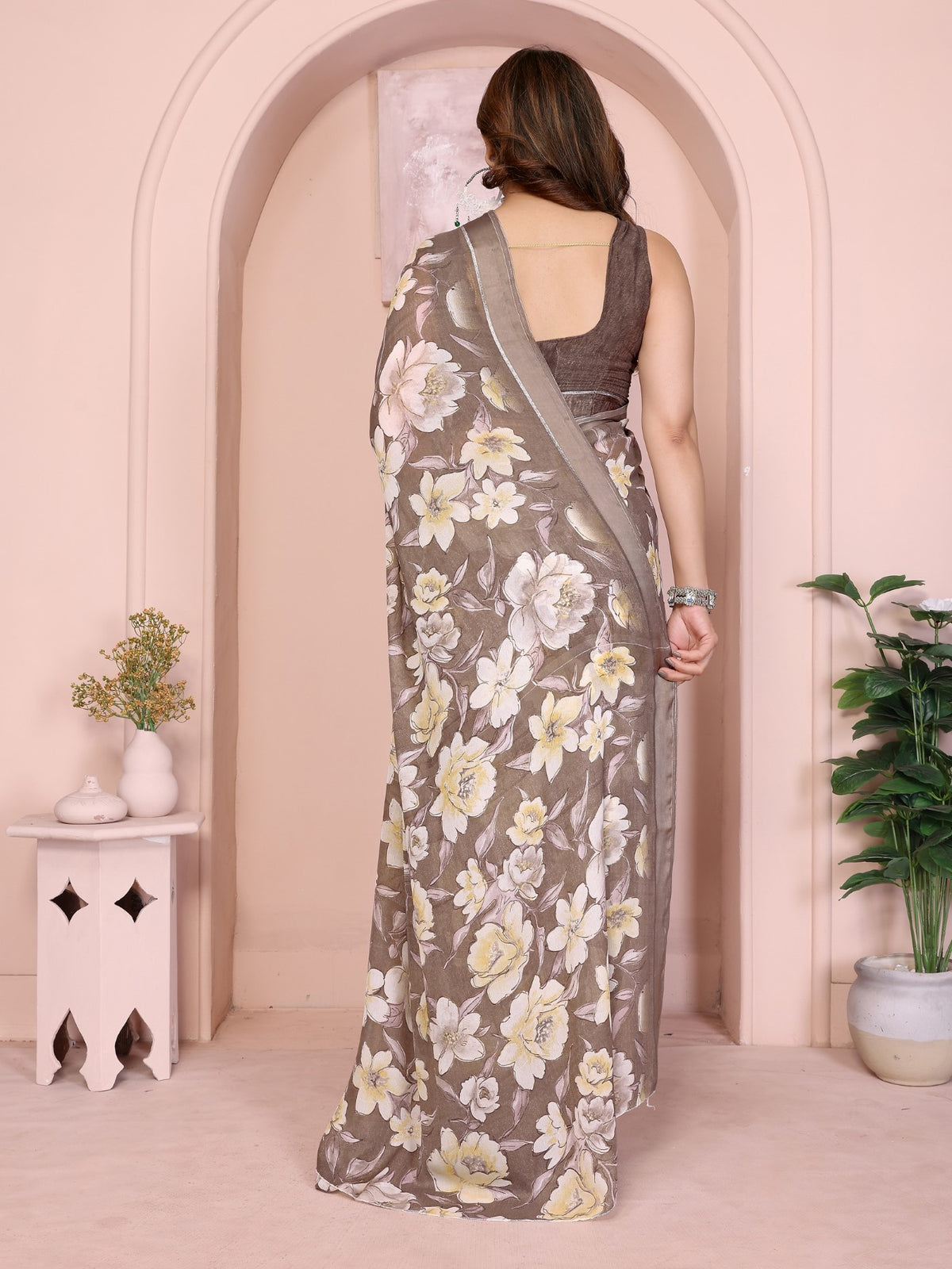 Camel Bright Moss Satin Patta Saree With Printed Design