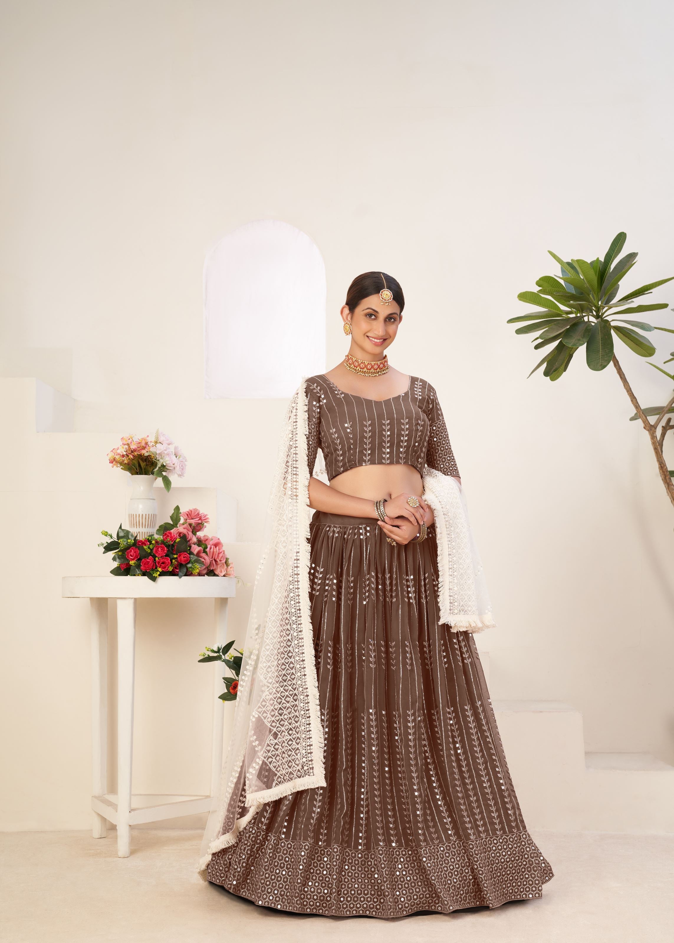 Caramel Lehenga Choli With Sequins Embroidered Work