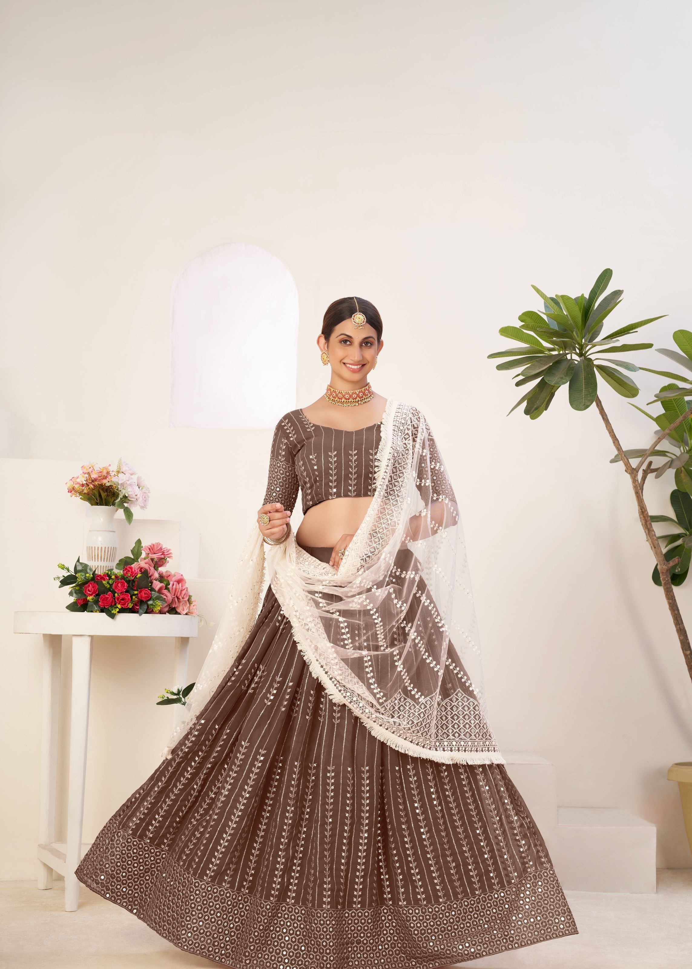 Caramel Lehenga Choli With Sequins Embroidered Work