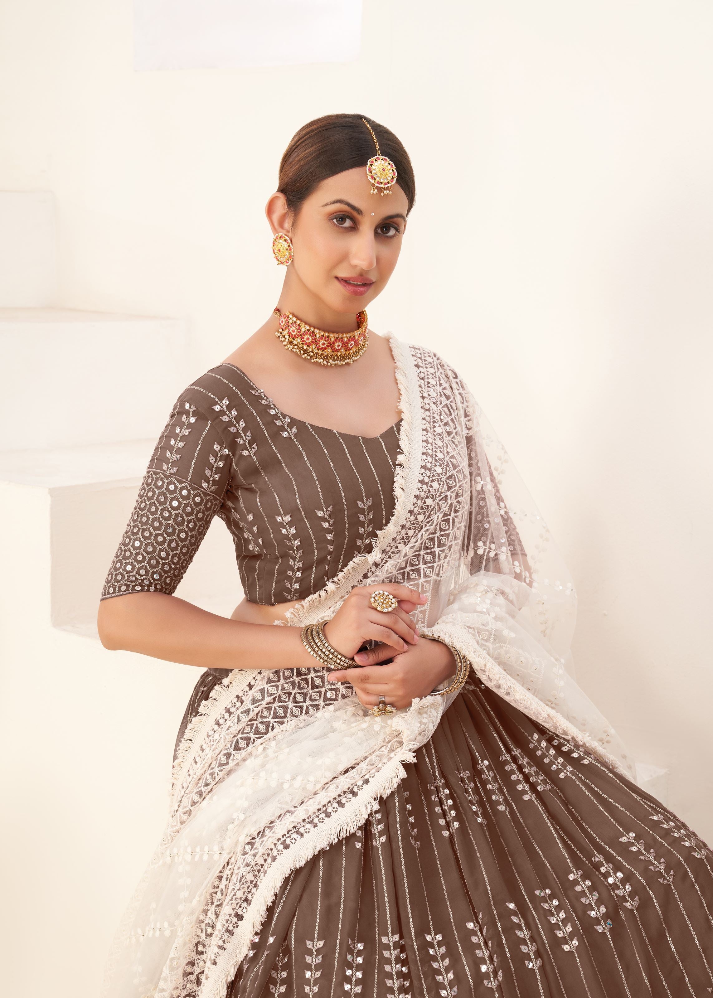 Caramel Lehenga Choli With Sequins Embroidered Work