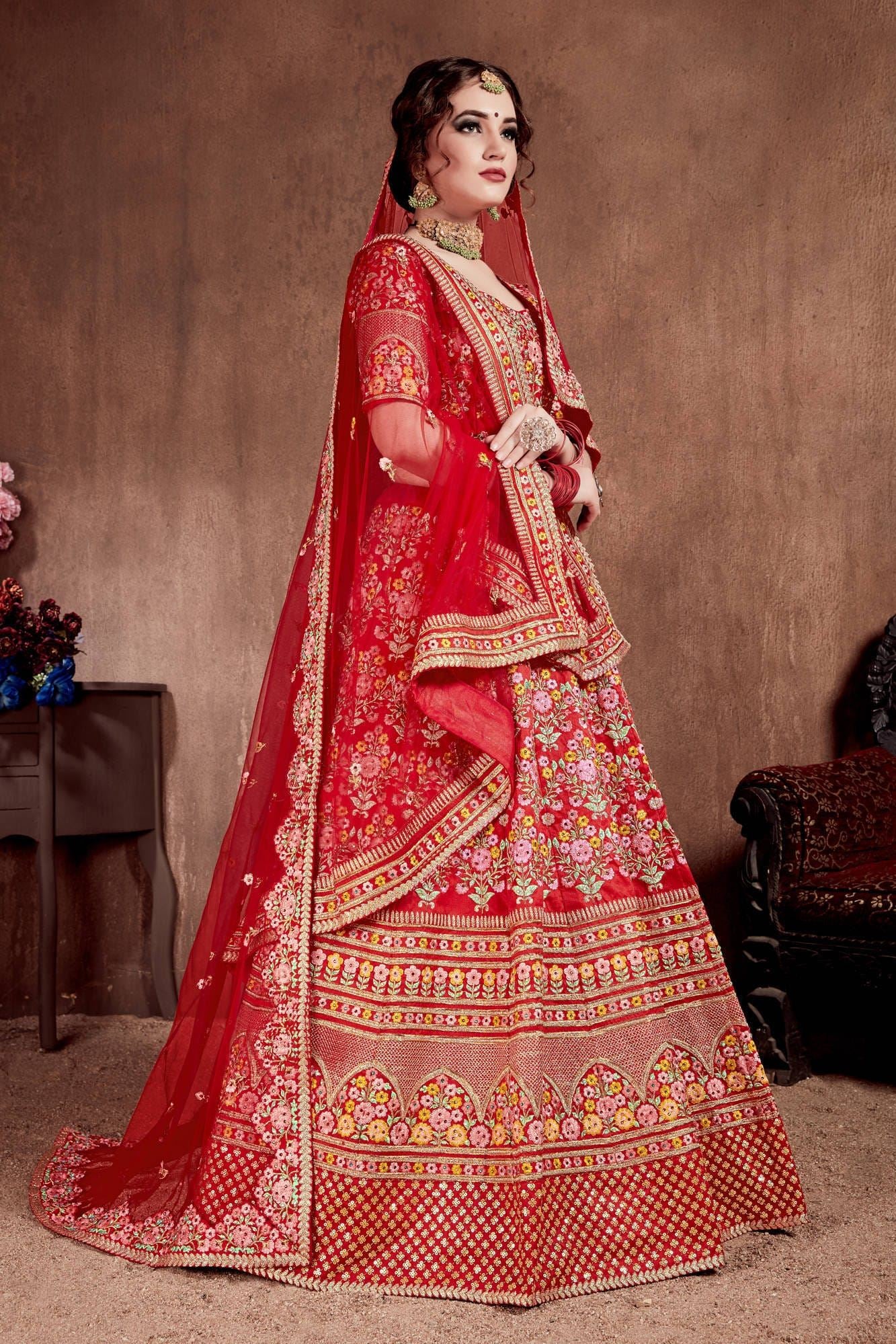 Carmine Red Lehenga Choli With Thread, Dori, Zari, Sequins Embroidery With Stone Work