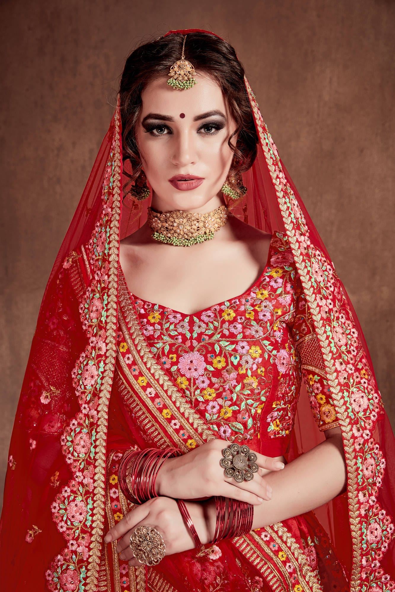 Carmine Red Lehenga Choli With Thread, Dori, Zari, Sequins Embroidery With Stone Work