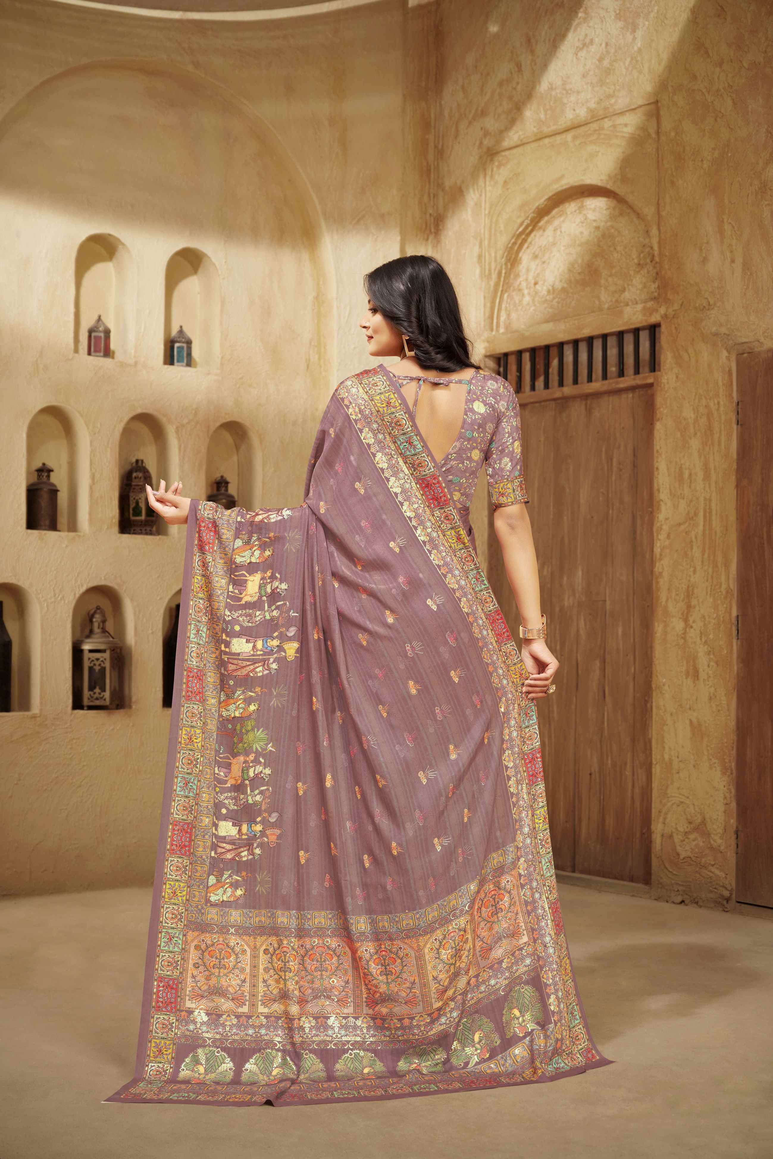 Carrot Pink Designer Position Digital Foil Printed Crepe Silk Ethnic Festive Saree