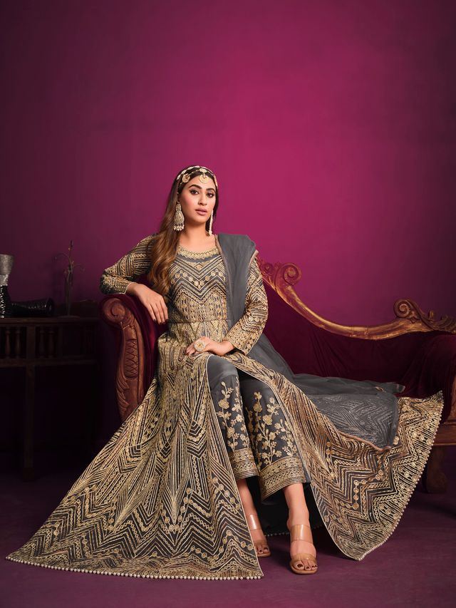 Charcoal Net Heavy Thread Embroidery, Zari With Sequins Work  Anarkali Suits