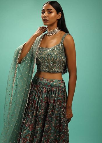 Charming Green Chinon Digital Print Designer Party Wear Lehenga Choli