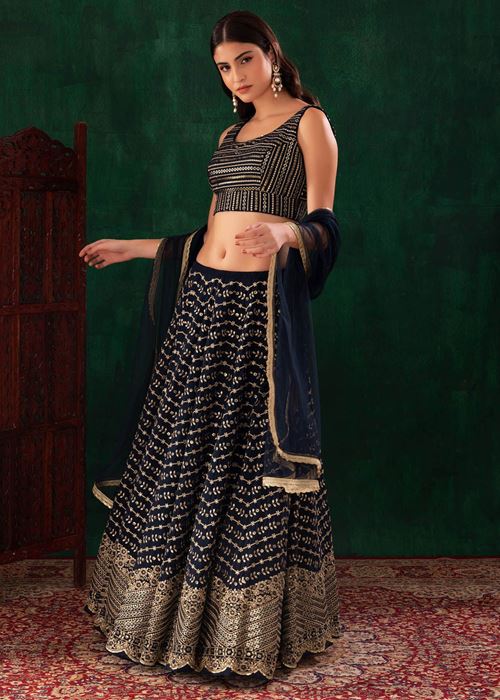 Charming Navy Blue Sequins Georgette Party Wear Lehenga Choli