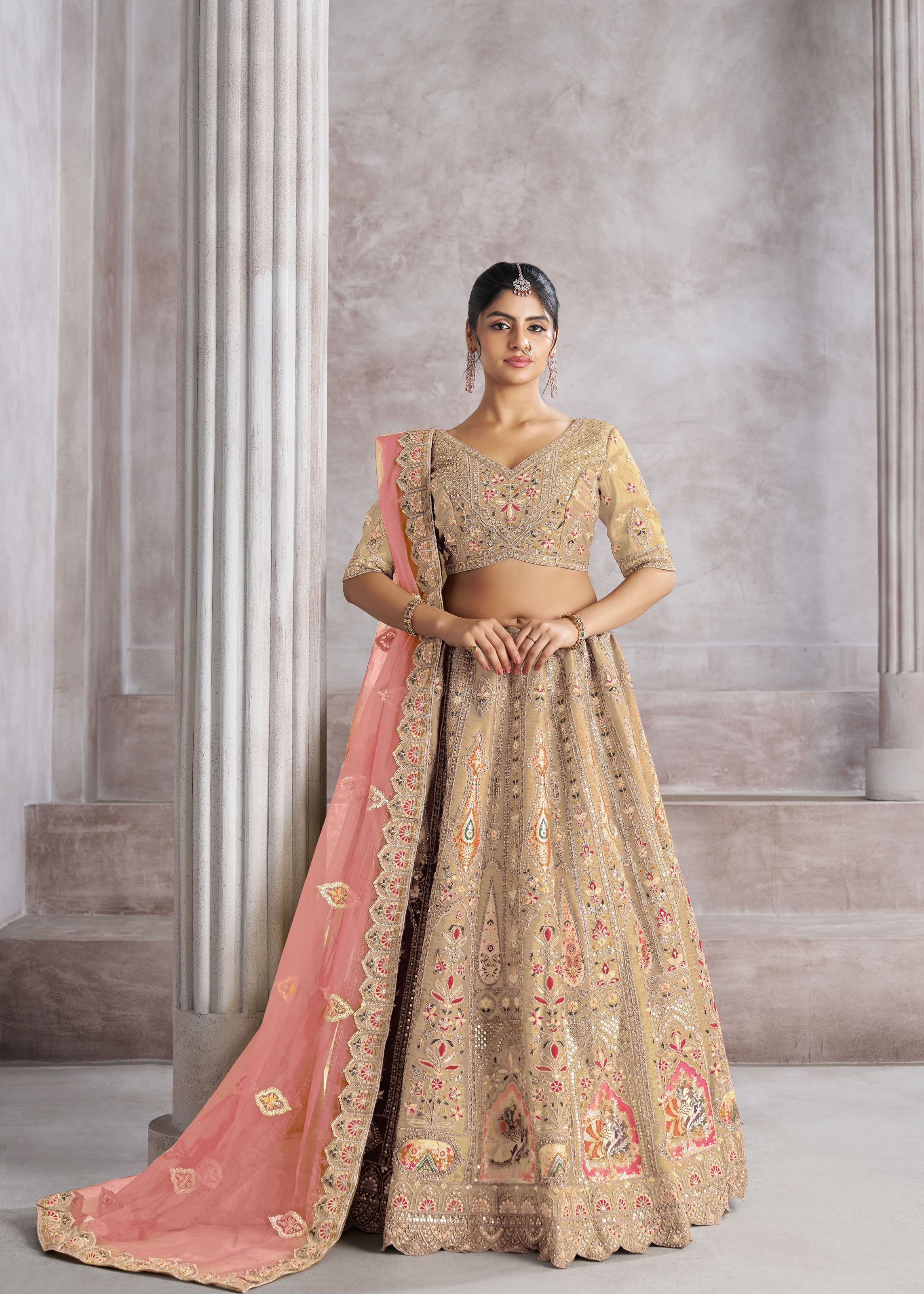 Chiku Color Aari Embroidered Banarasi Lehenga For Brides