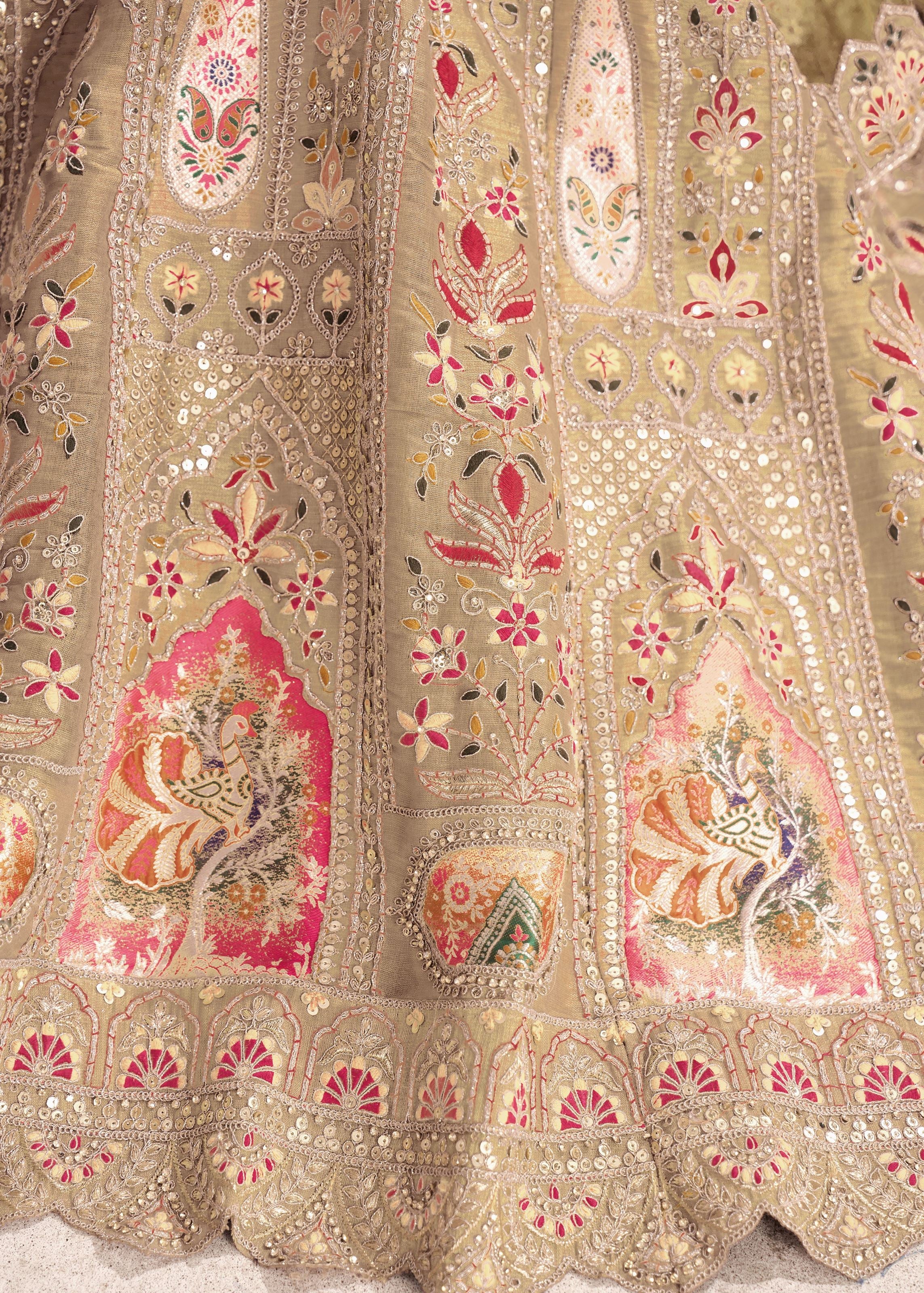 Chiku Color Aari Embroidered Banarasi Lehenga For Brides