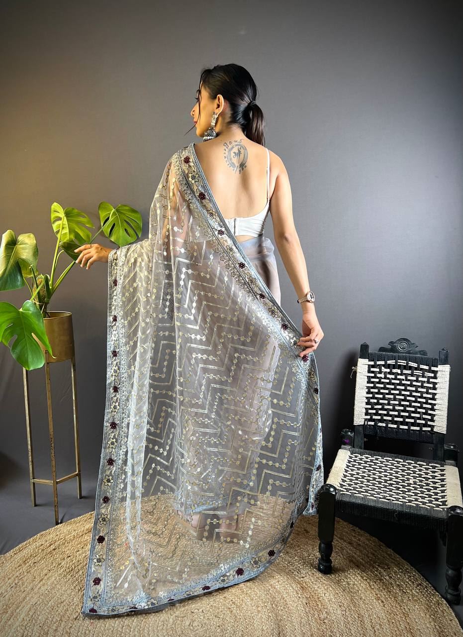 Chiku Colour Butterfly Net Embrodiery Work Saree
