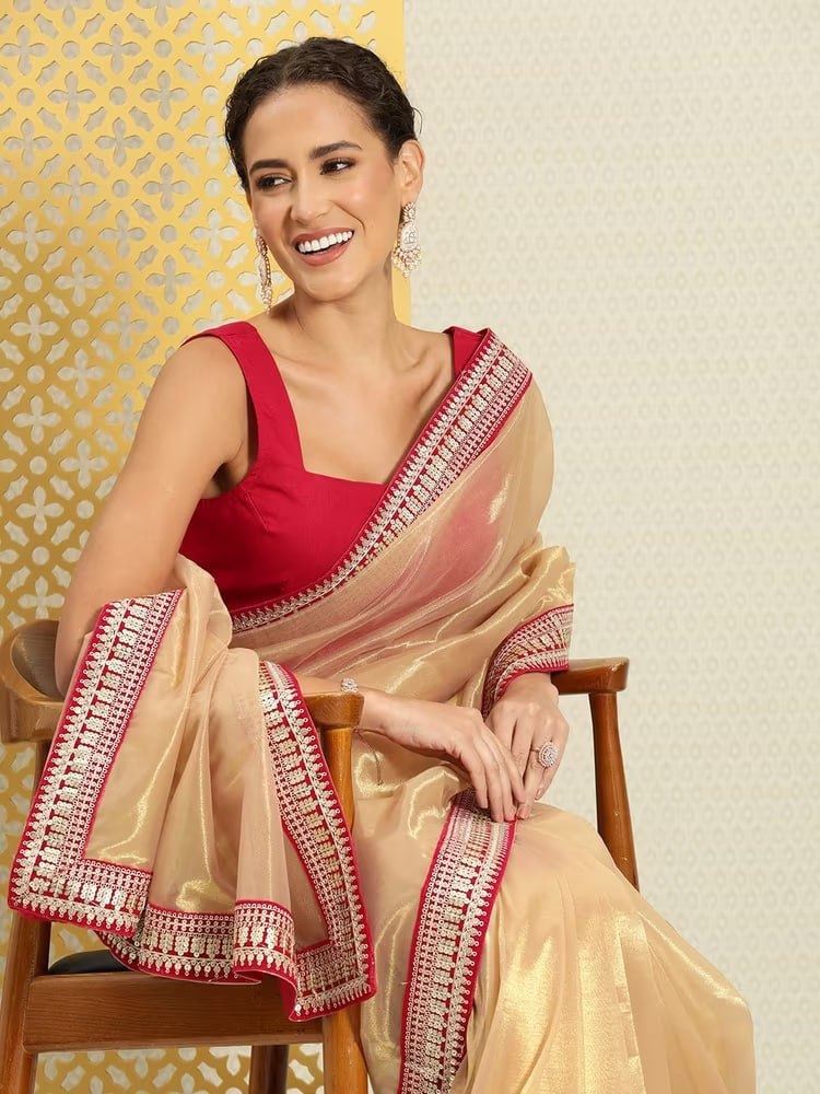 Chiku Colour Organza Silk Lace Work Saree