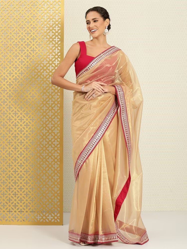 Chiku Colour Organza Silk Lace Work Saree