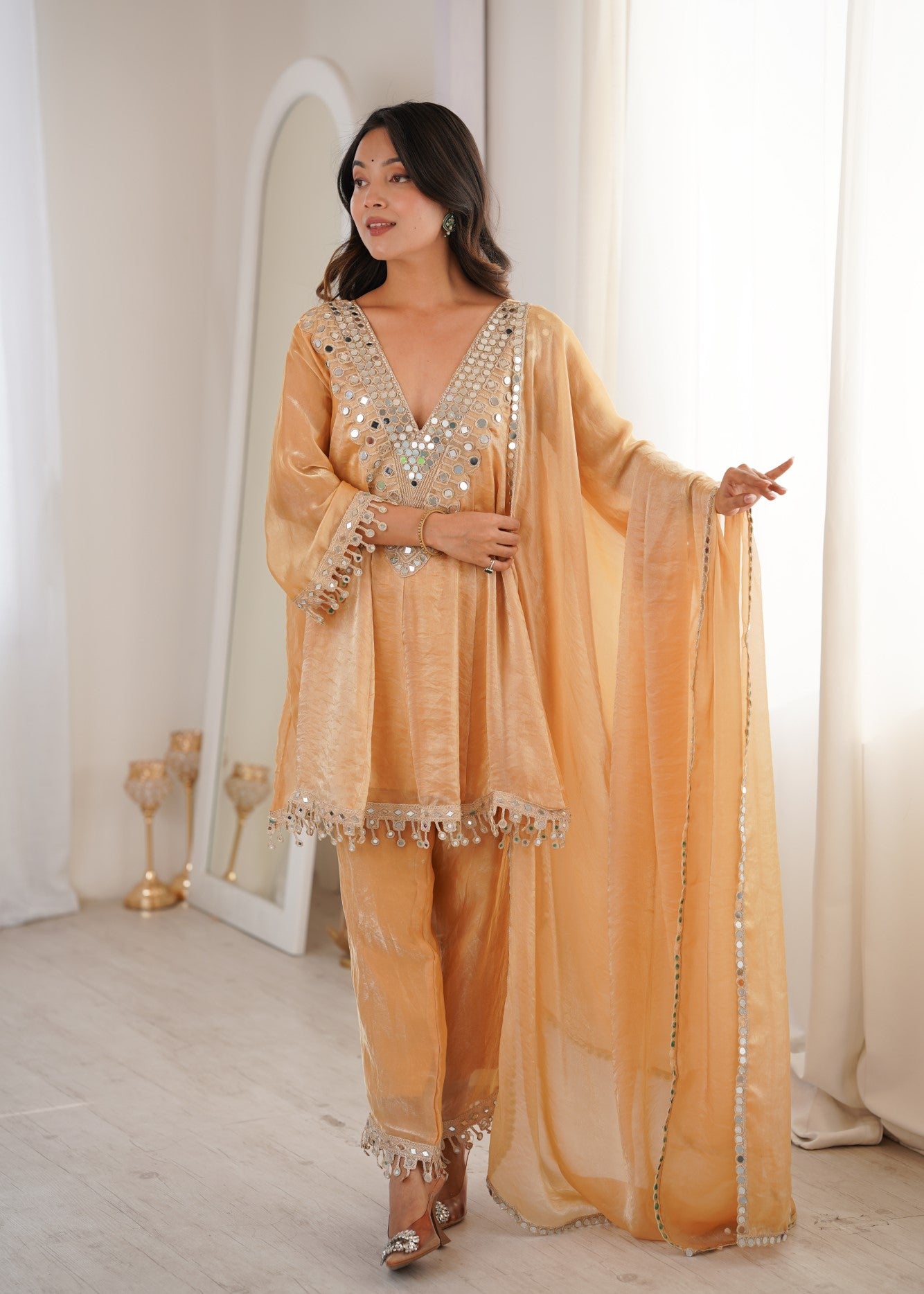 Chiku Fendy Designer Suit Set With Mirror Work & Embroidered Lace