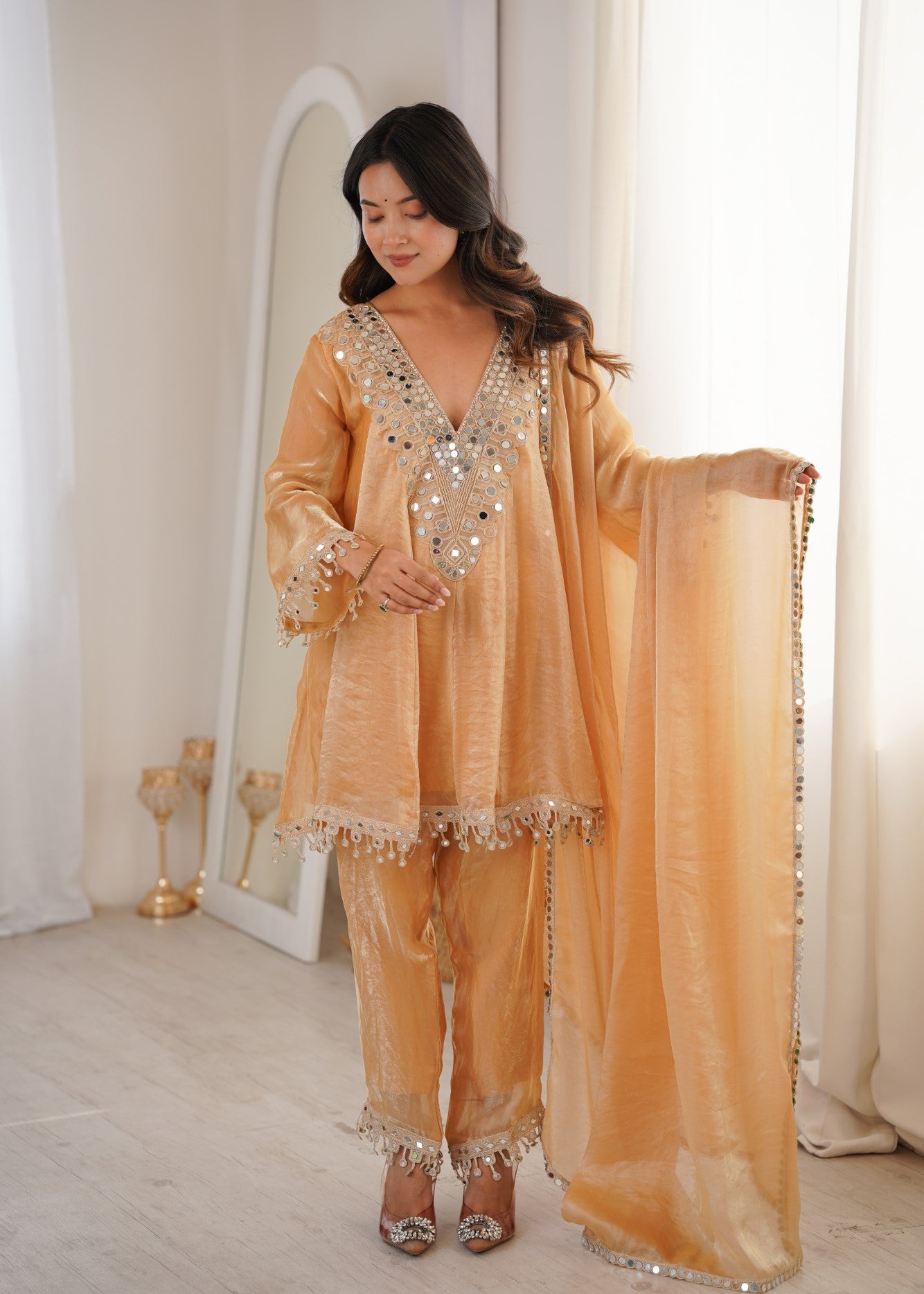 Chiku Fendy Designer Suit Set With Mirror Work & Embroidered Lace