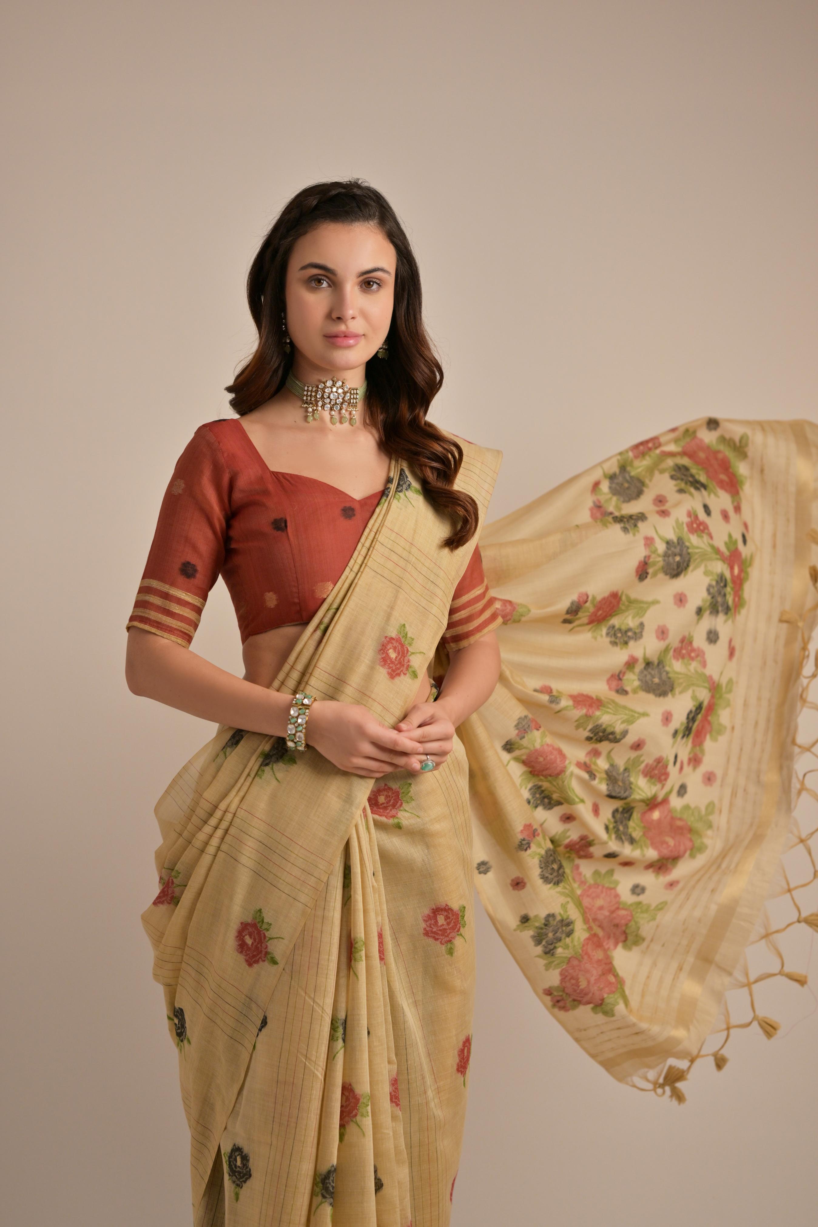 Chiku Muga Cotton Saree with Thread Woven Flower Design