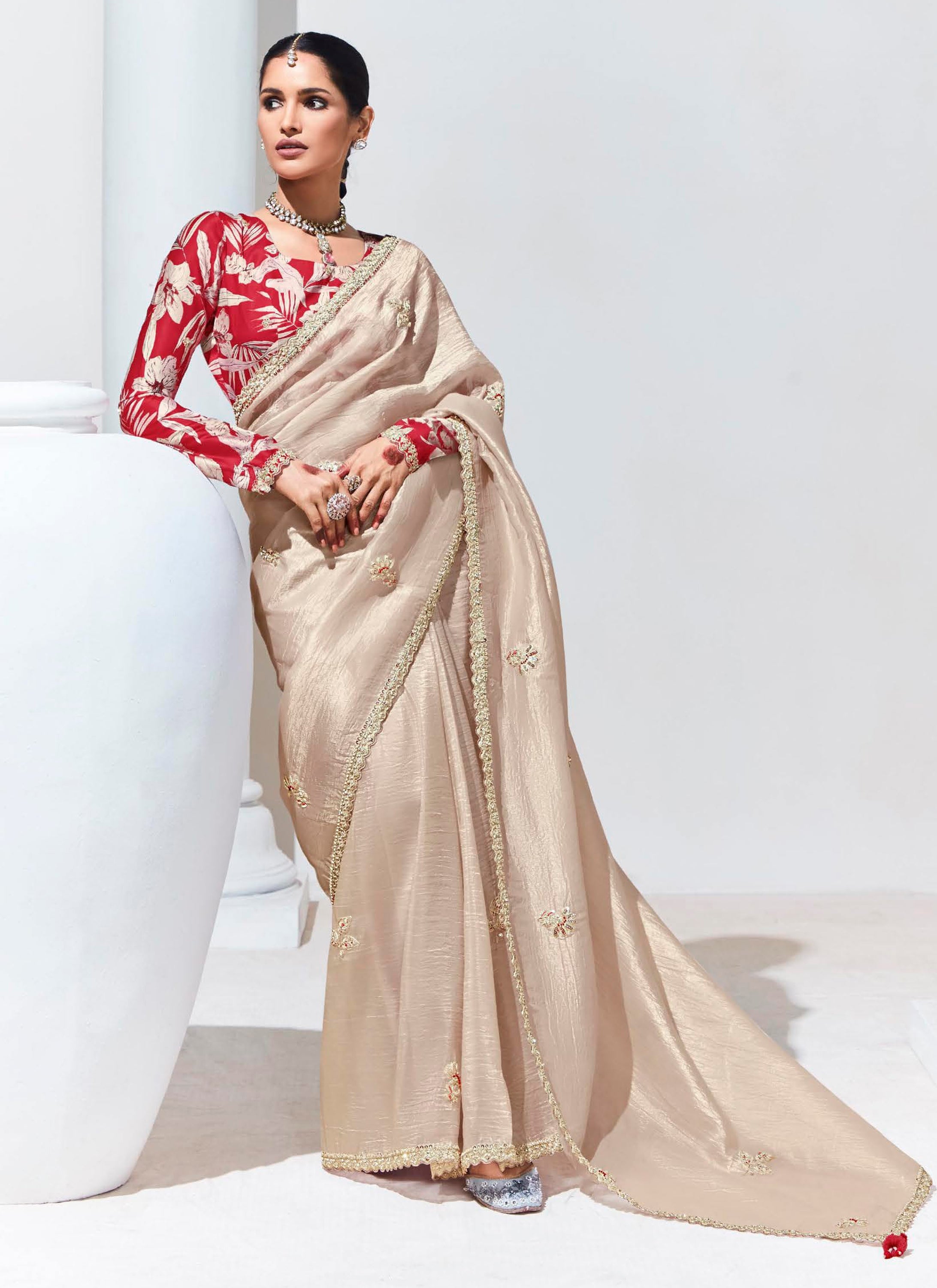 Chiku Organza Saree With  Thread Embroidery with Printed Blouse