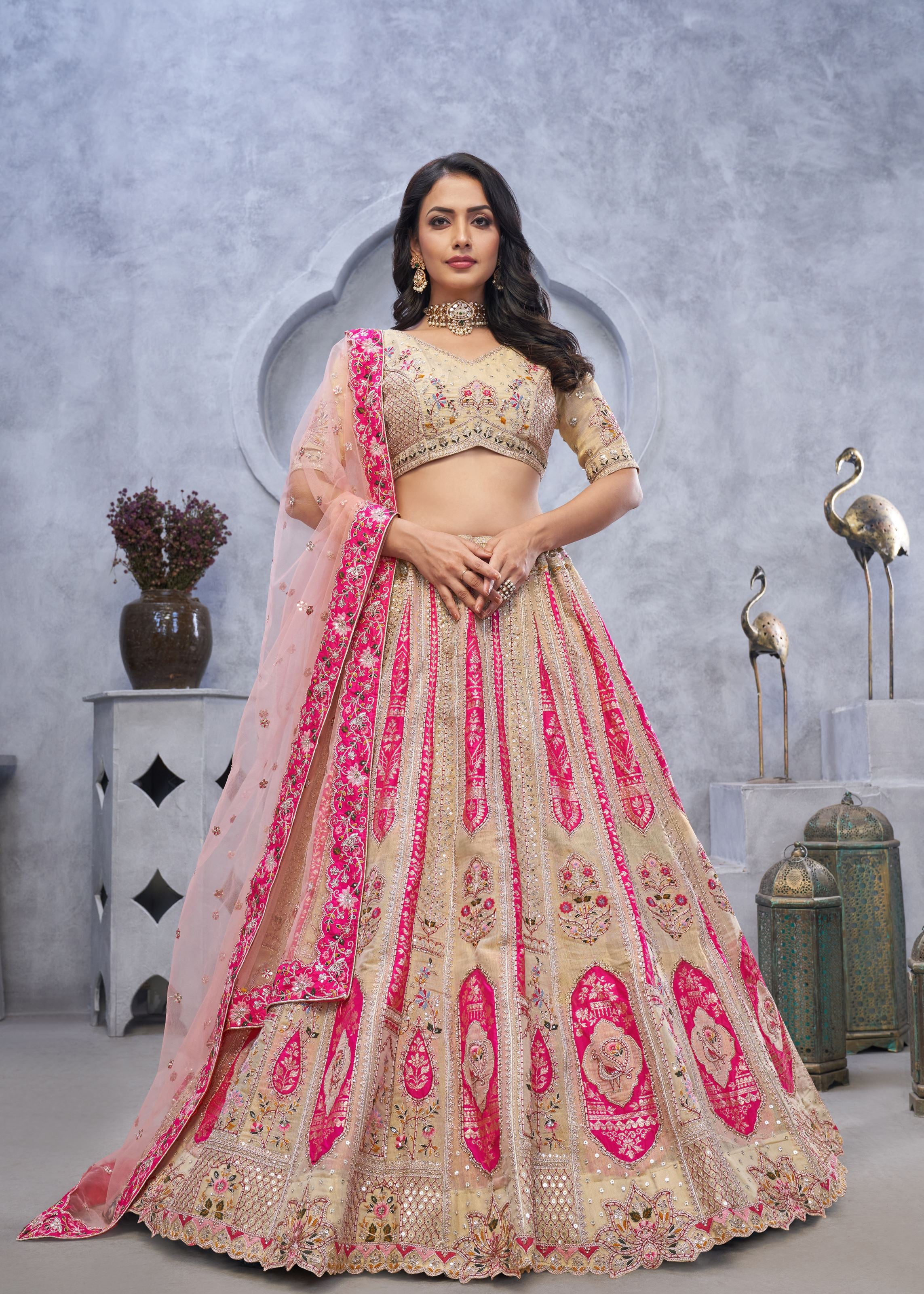 Chiku Organza Silk Intricate Paisley Motifs Traditional Embroidered Wedding Lehenga Choli With Soft Net Dupatta