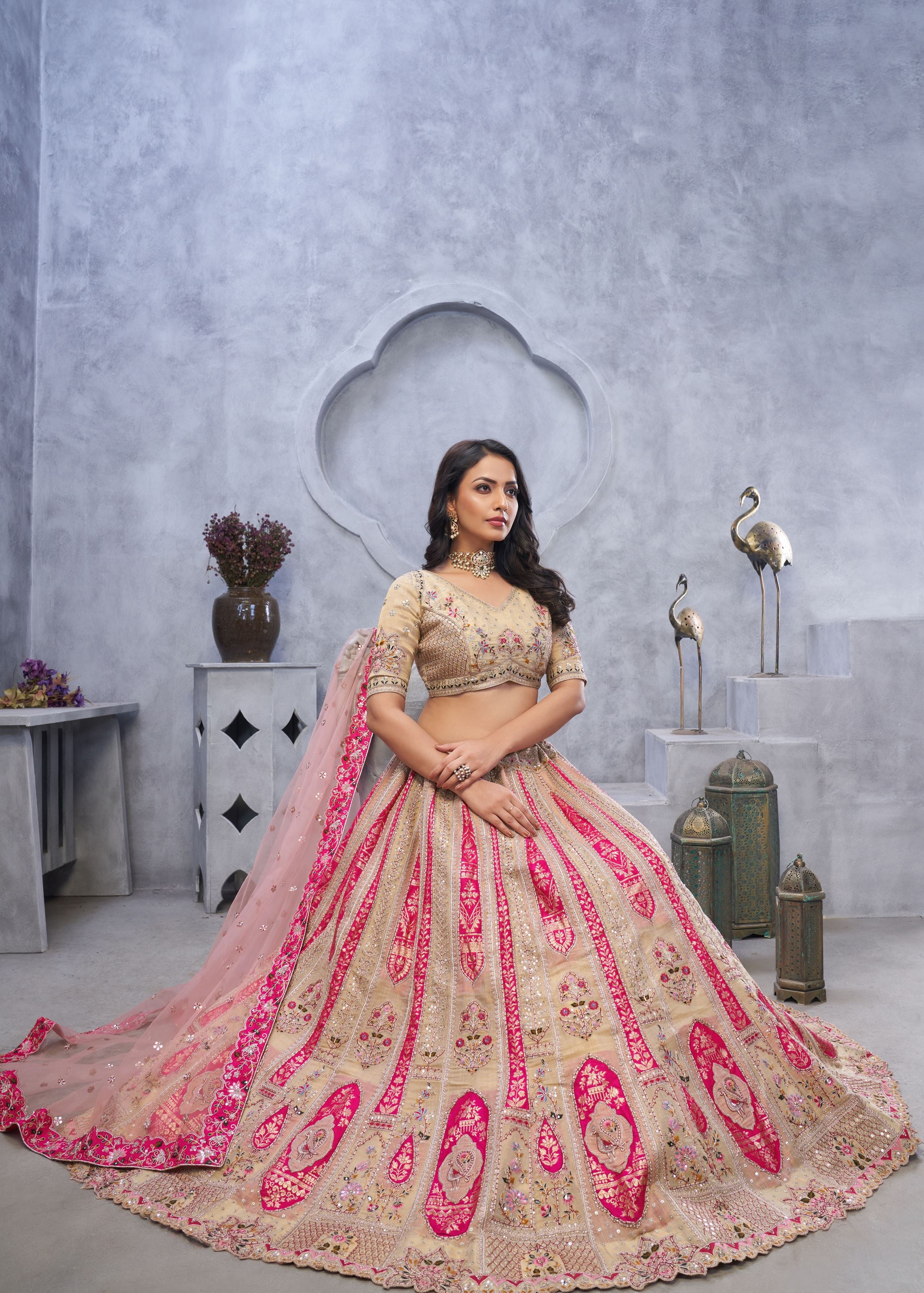 Chiku Organza Silk Intricate Paisley Motifs Traditional Embroidered Wedding Lehenga Choli With Soft Net Dupatta