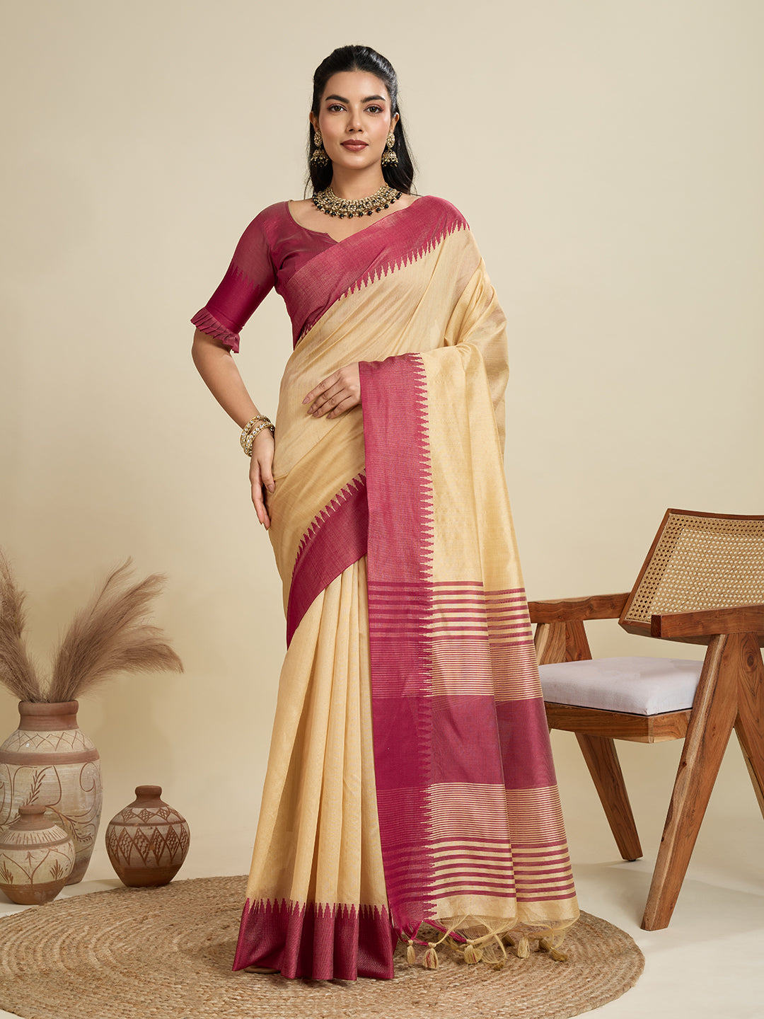 Chiku Raw Silk Saree with Temple Border and Striped Pallu