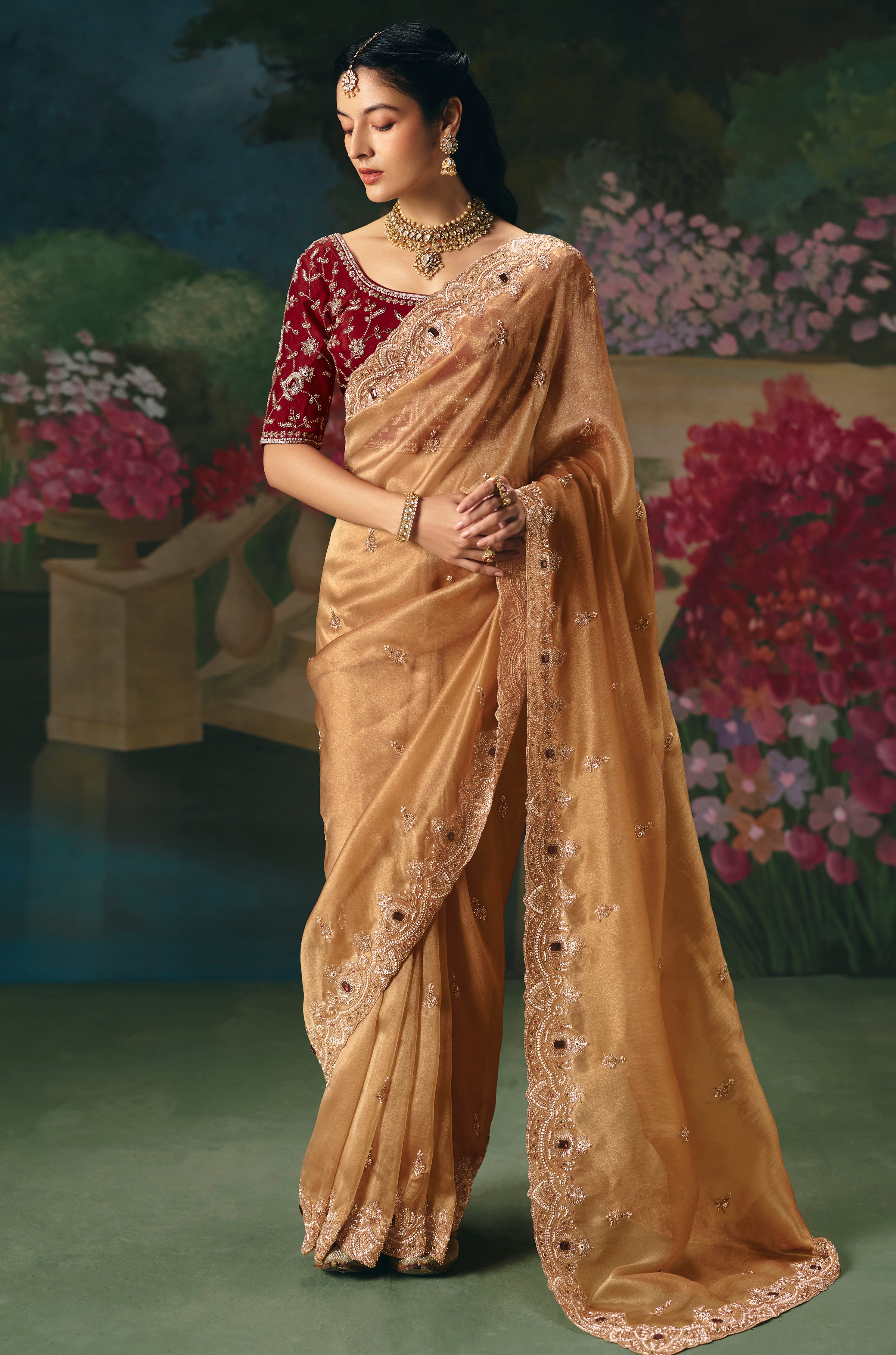 Chiku Saree With  Heavy Designer Embroidery, Sequince, Stone, With Beads Work