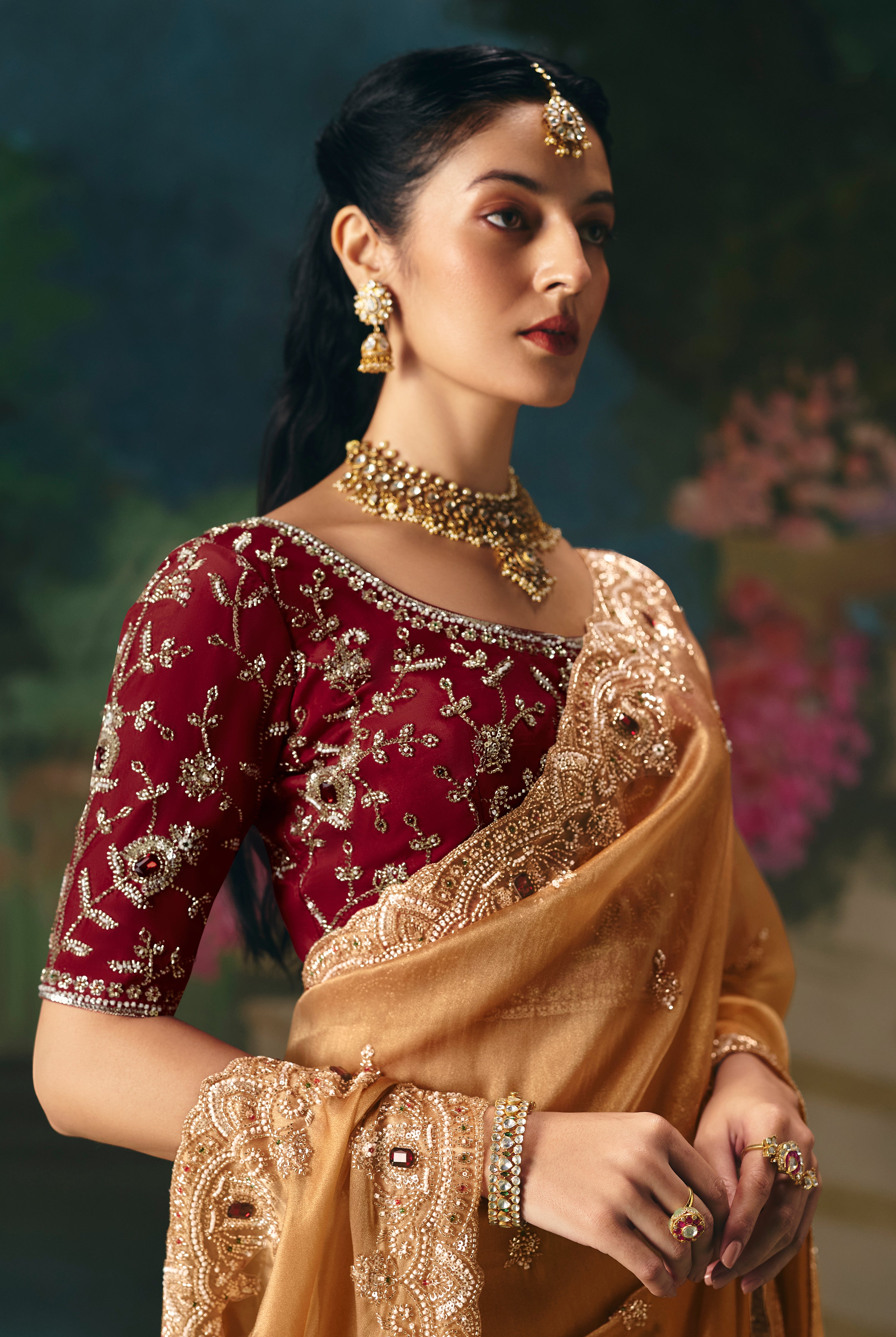 Chiku Saree With  Heavy Designer Embroidery, Sequince, Stone, With Beads Work