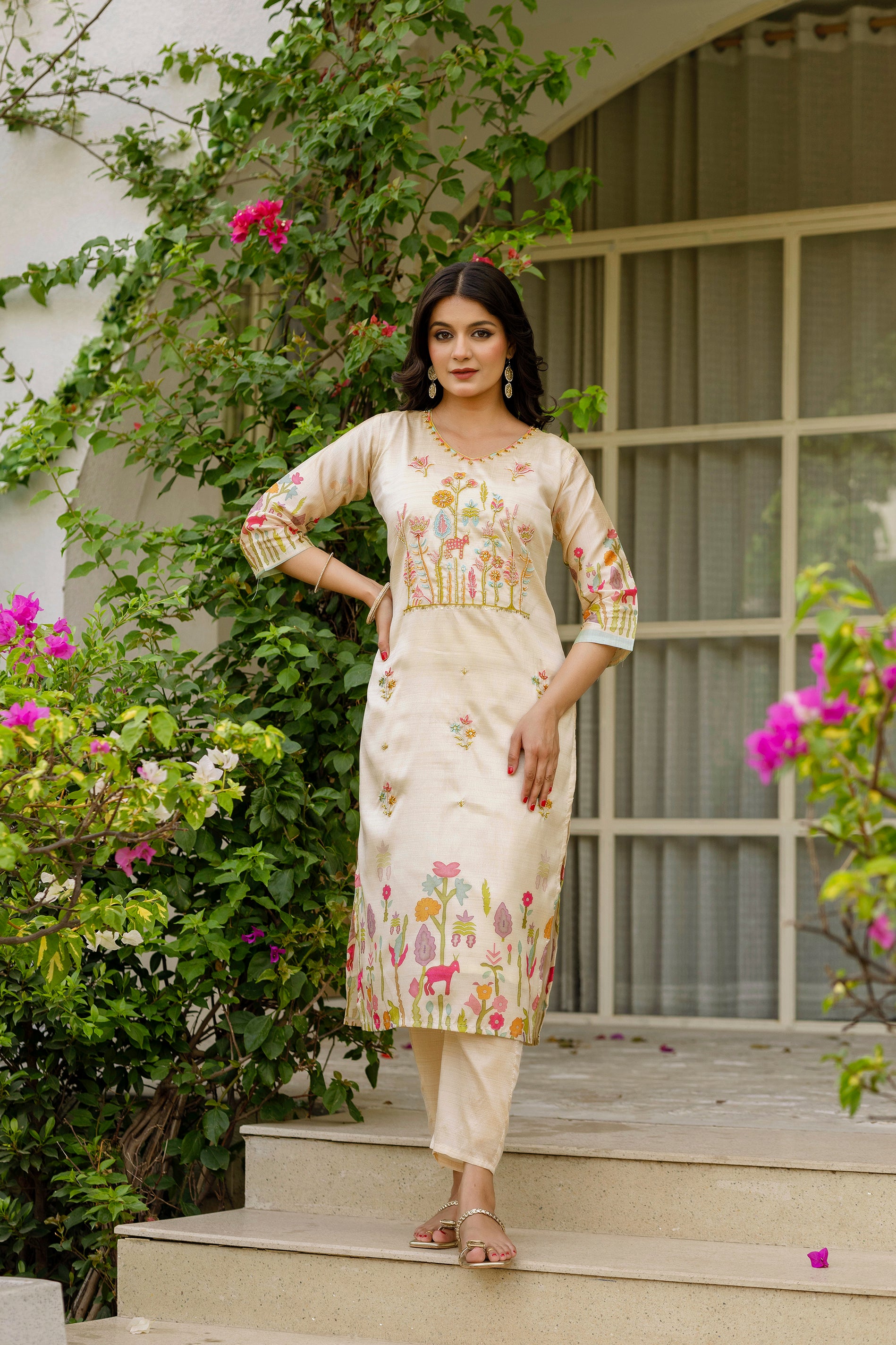 Chiku Viscose Assam Silk Elegant Kurta Pant Set With Embroidery Work