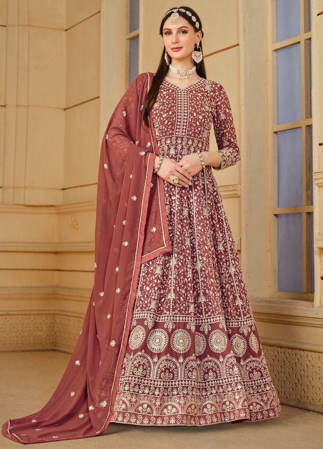 Chocolate Anarkali Suit With Heavy Thread Embroidery With Sequis Work