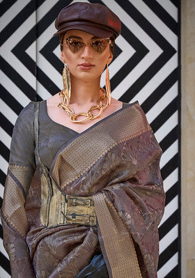 Chocolate Brown Saree With  Handloom Jacquard Woven Work
