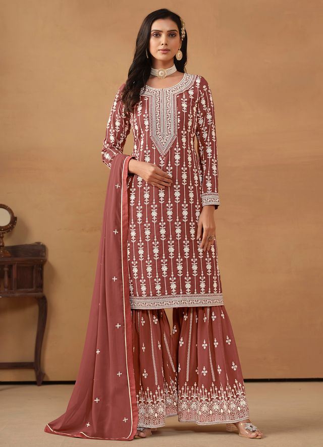Chocolate Salwar Kameez With Thread Emboirdered Work