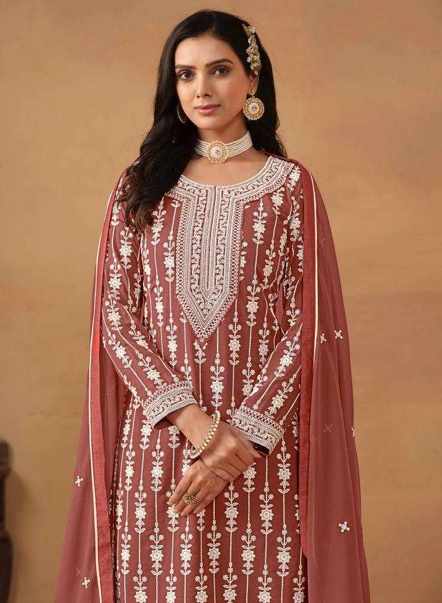 Chocolate Salwar Kameez With Thread Emboirdered Work