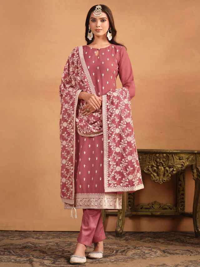 Chocolate Salwar Kameez With Thread Emboirdered Work