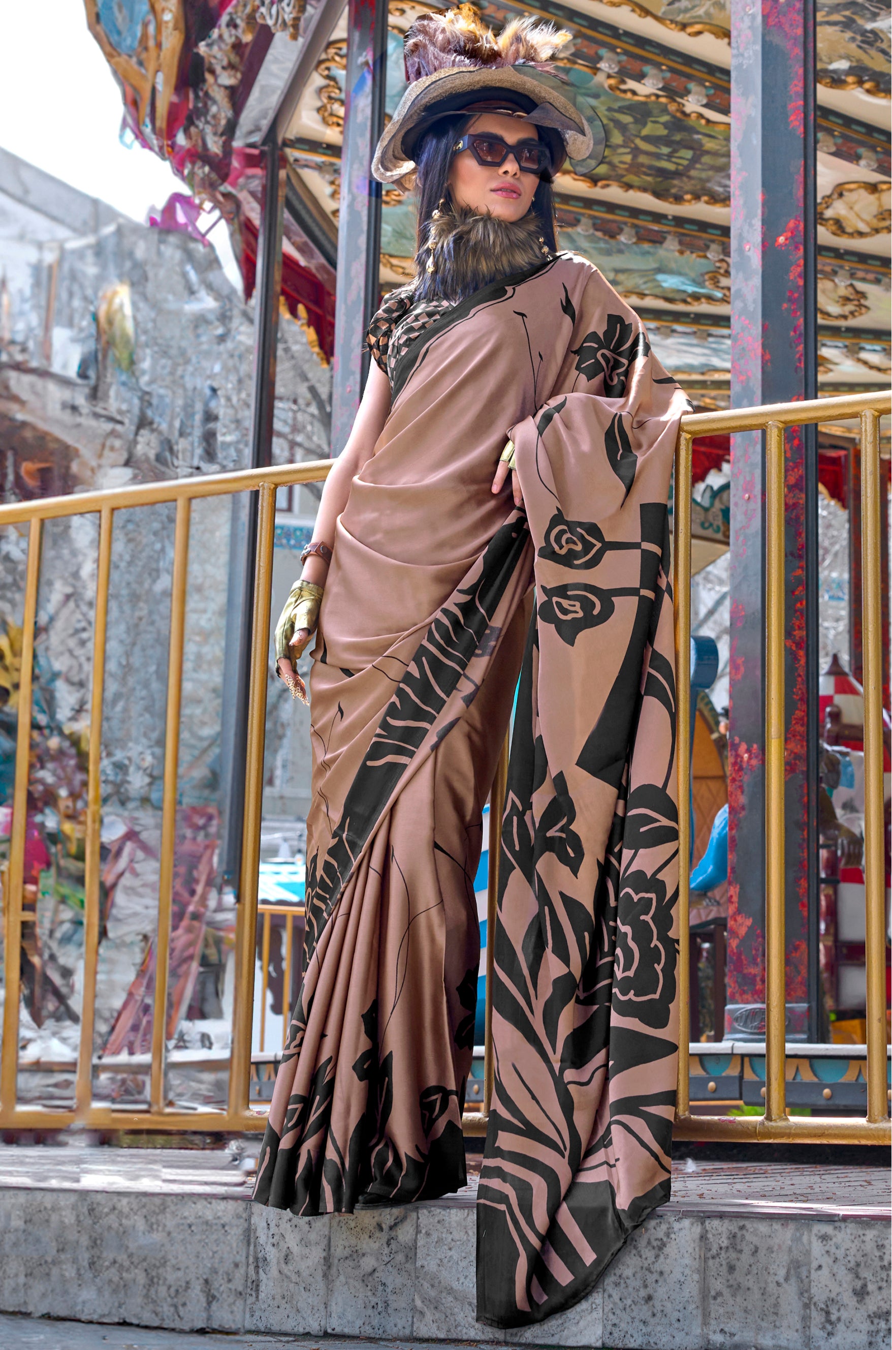 Chocolate Satin Saree With  Digital Print