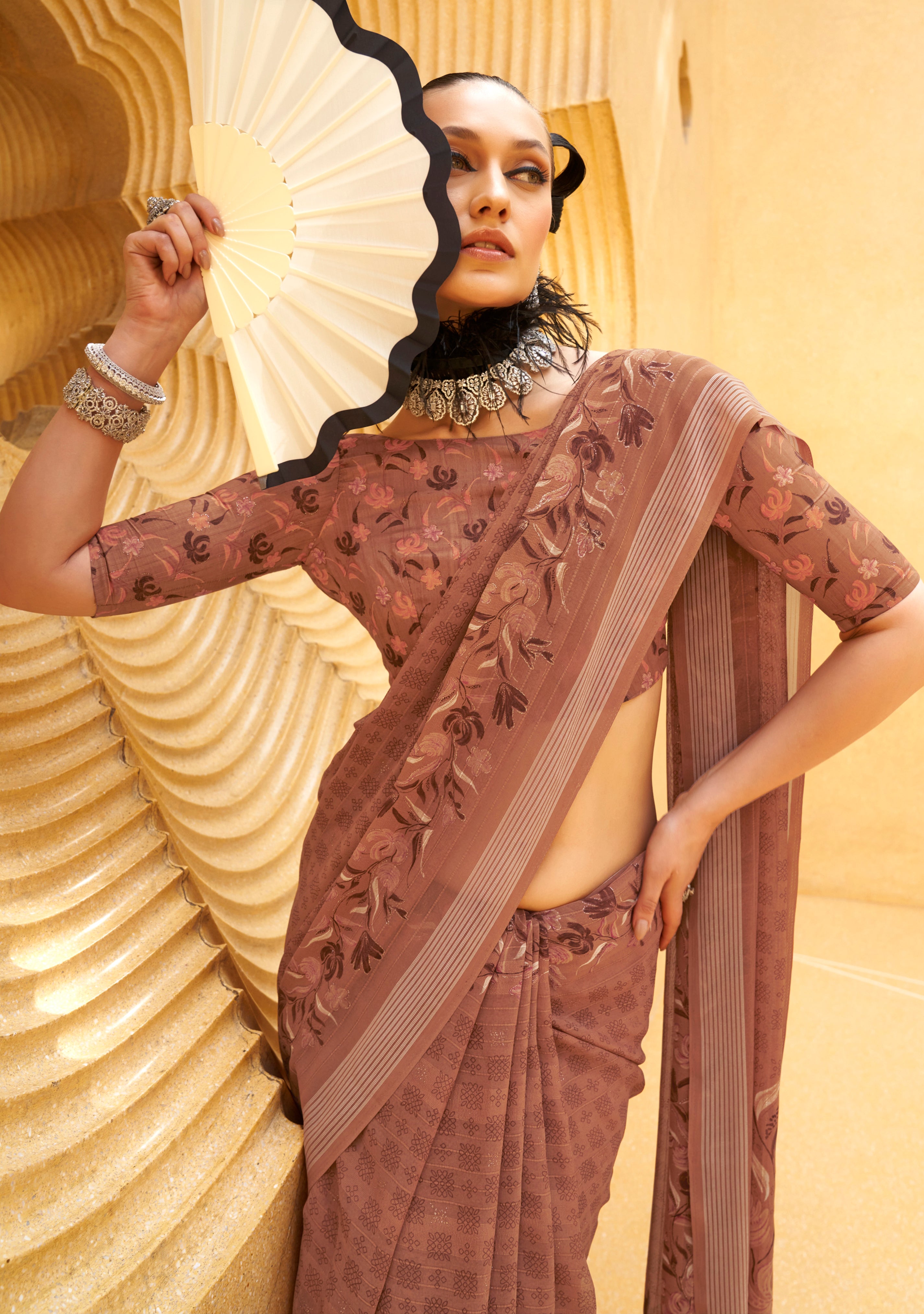 Chocolate Silk Georgette Saree With  Printed